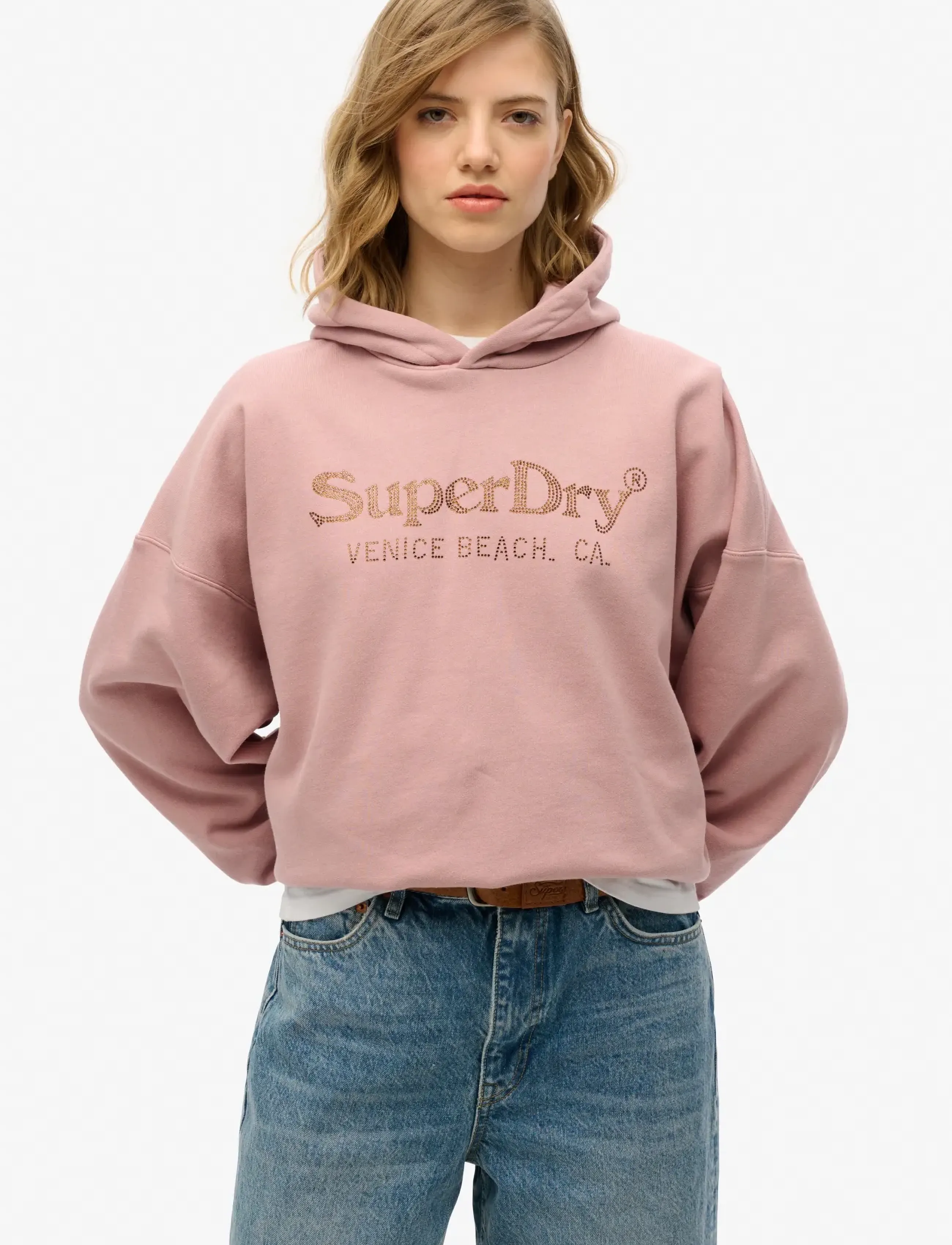 Superdry Venue Metallic Relaxed Hood, Kvinder, Afslappet Metallisk Logo Hættetrøje, Pink, Str: 36