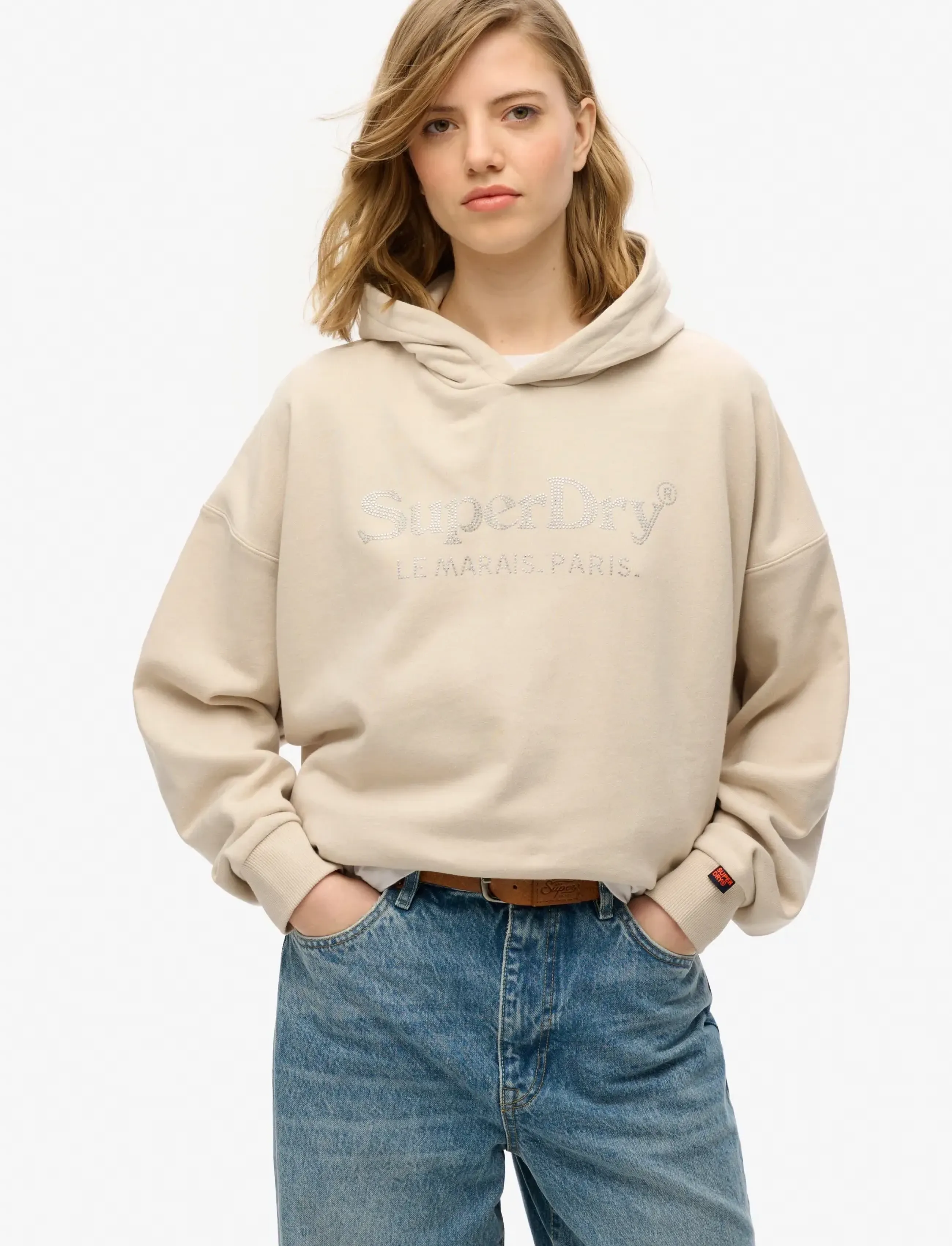 Superdry Venue Metallic Relaxed Hood, Kvinder, Afslappet Metallisk Logo Hættetrøje, Beige, Str: 44