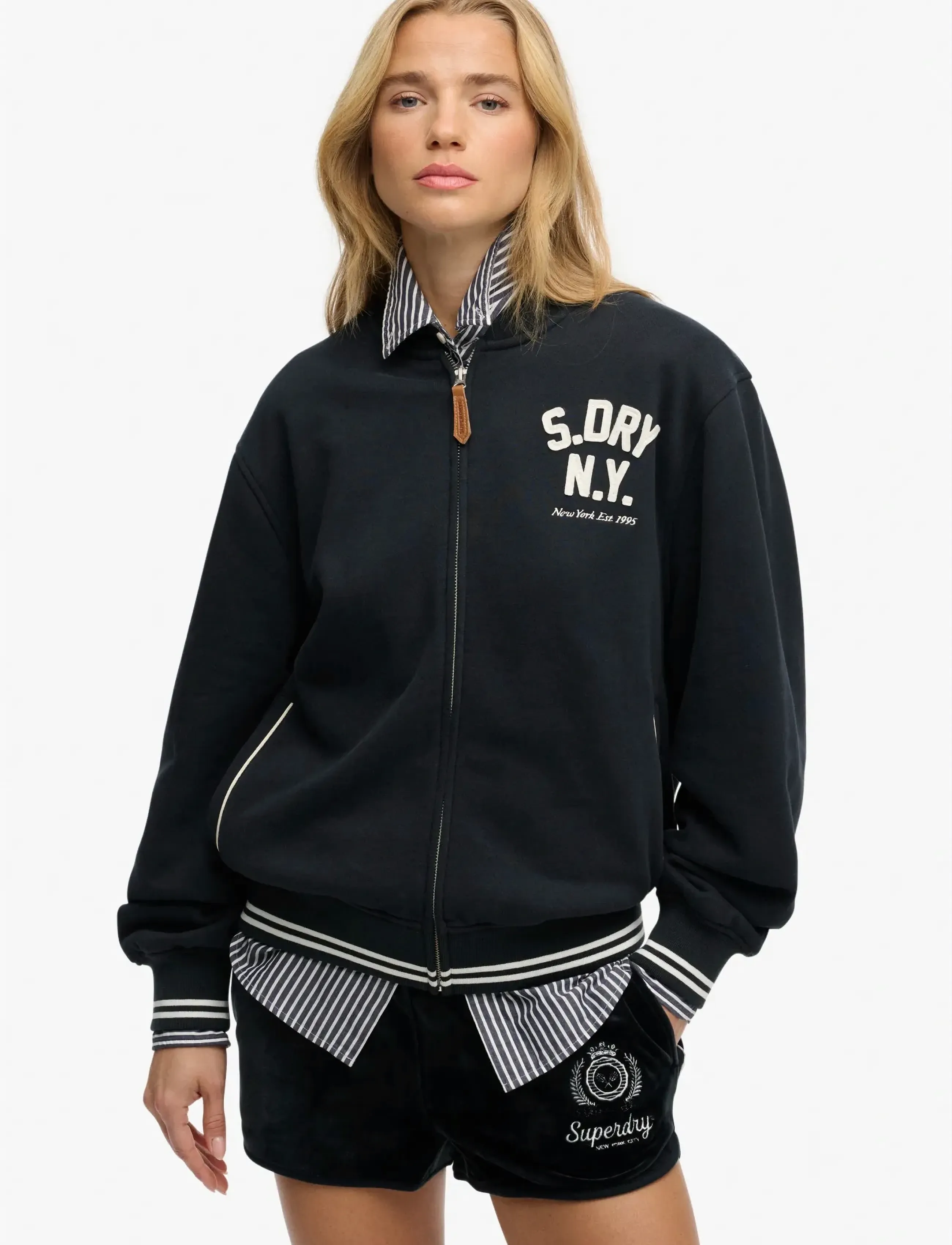 Superdry Country Club Jersey Bomber, Kvinder, Jersey Bomberjakke, Navy, Str: 12