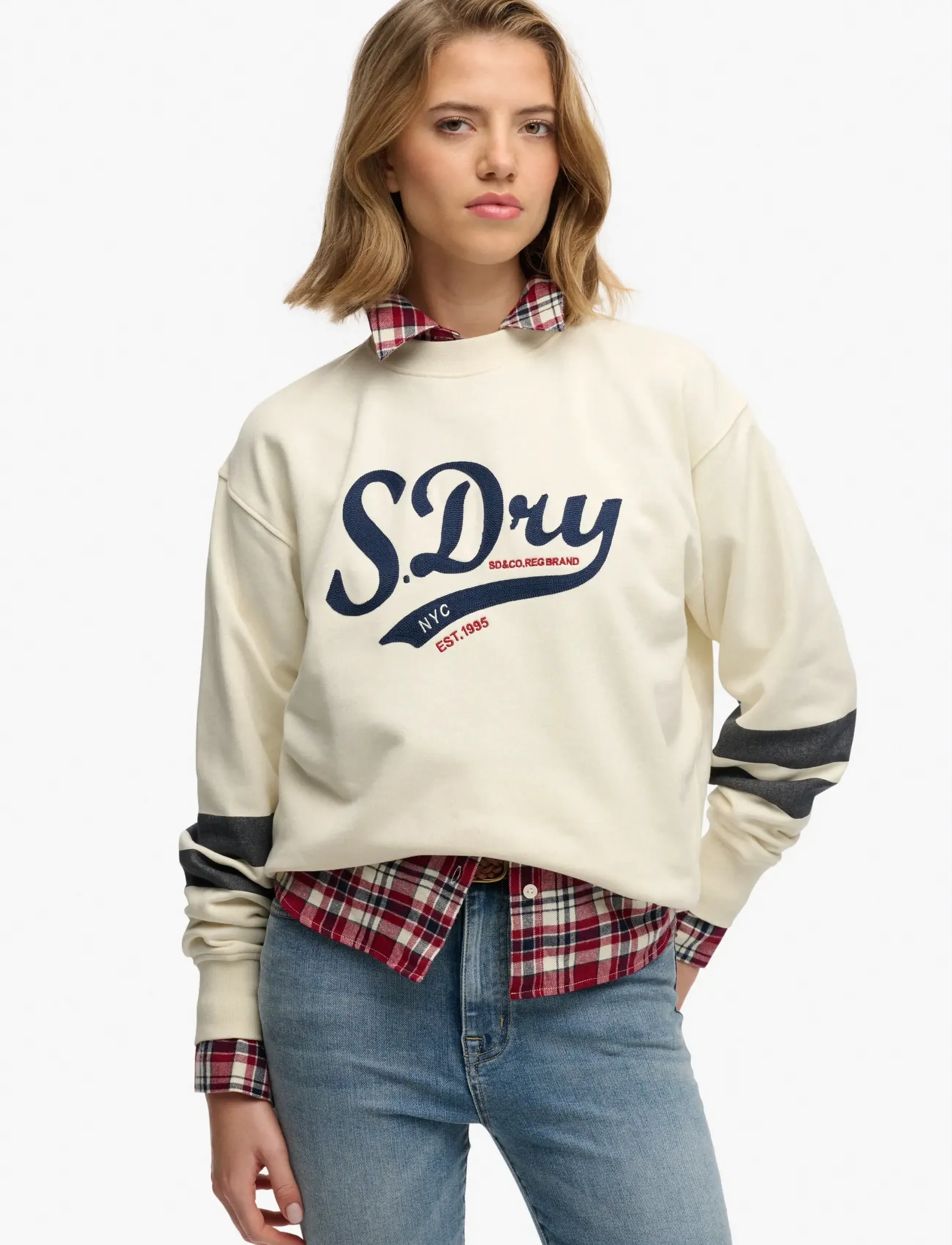 Superdry Varsity Script Loose Crew, Kvinder, Varsity Crewneck Sweatshirt, Cream, Str: 10