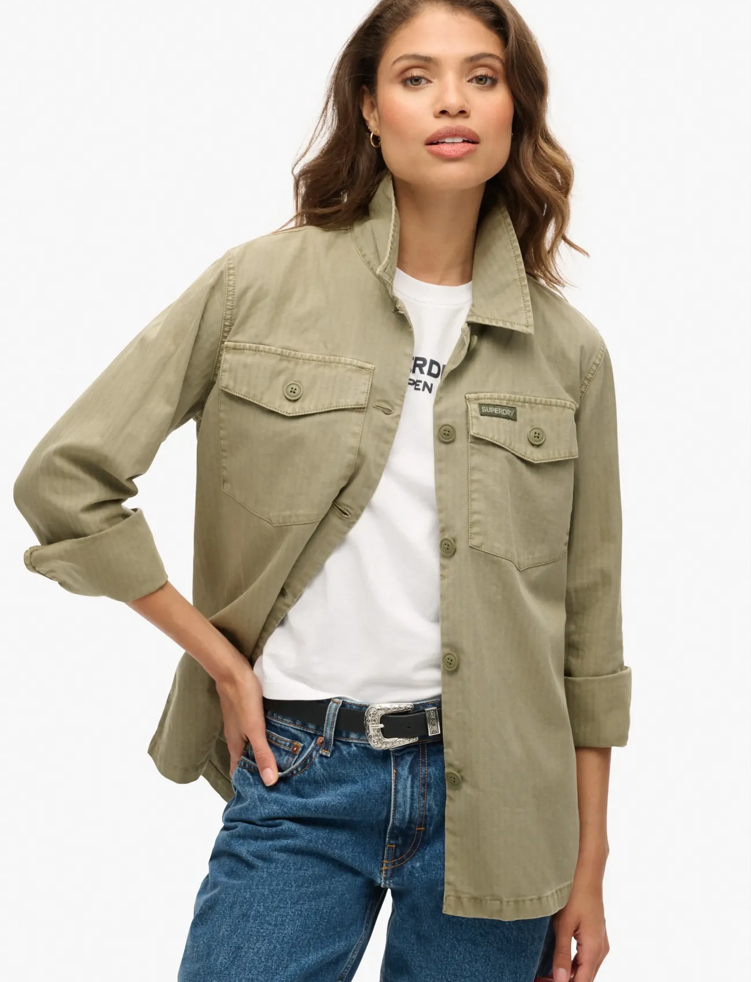 Superdry Military Overshirt, Kvinder, Militær Overshirt, Kakigrøn, Str: 10