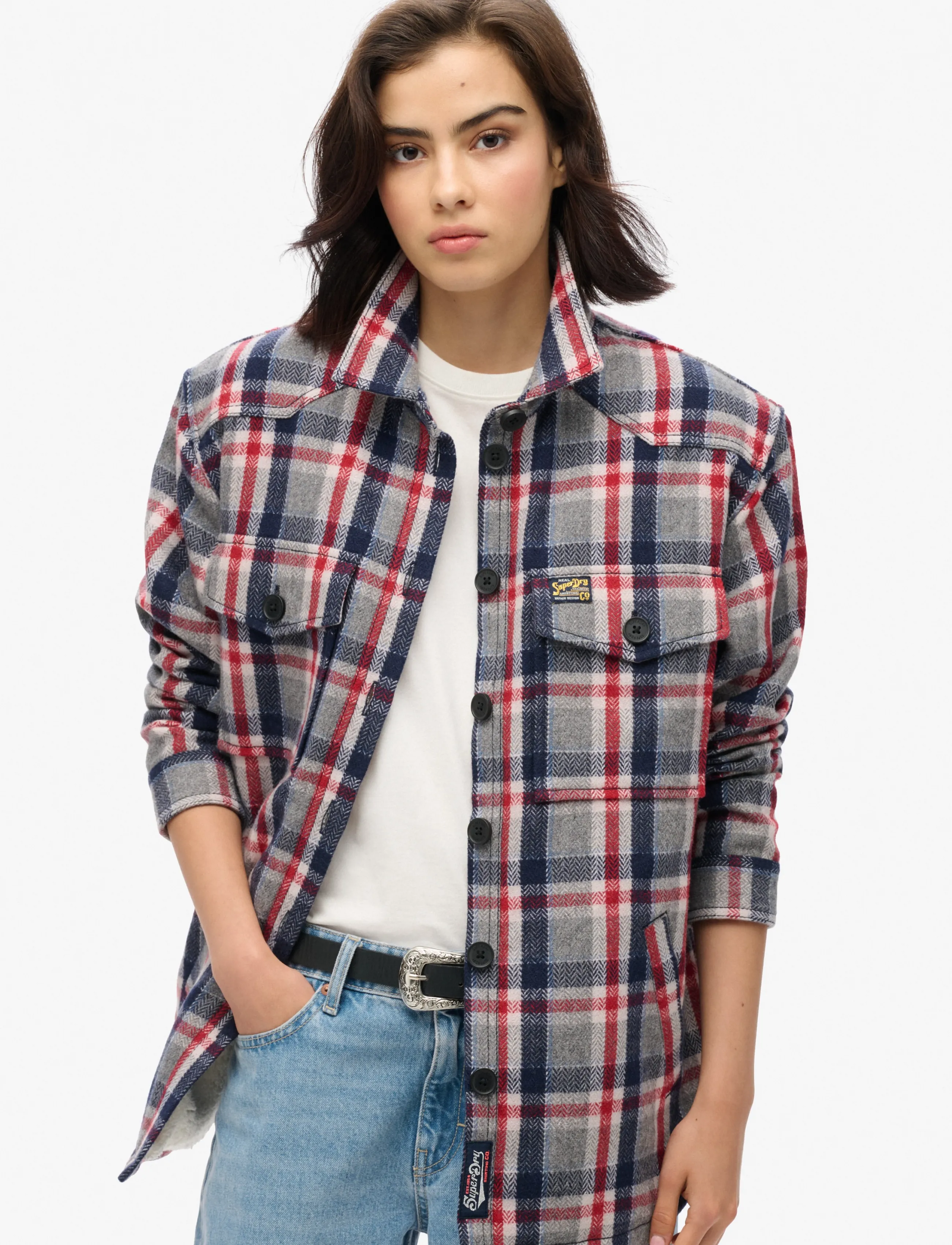Superdry Borg Check Overshirt, 16, Jackets, Grau - Light-summer Jacket, Frauen