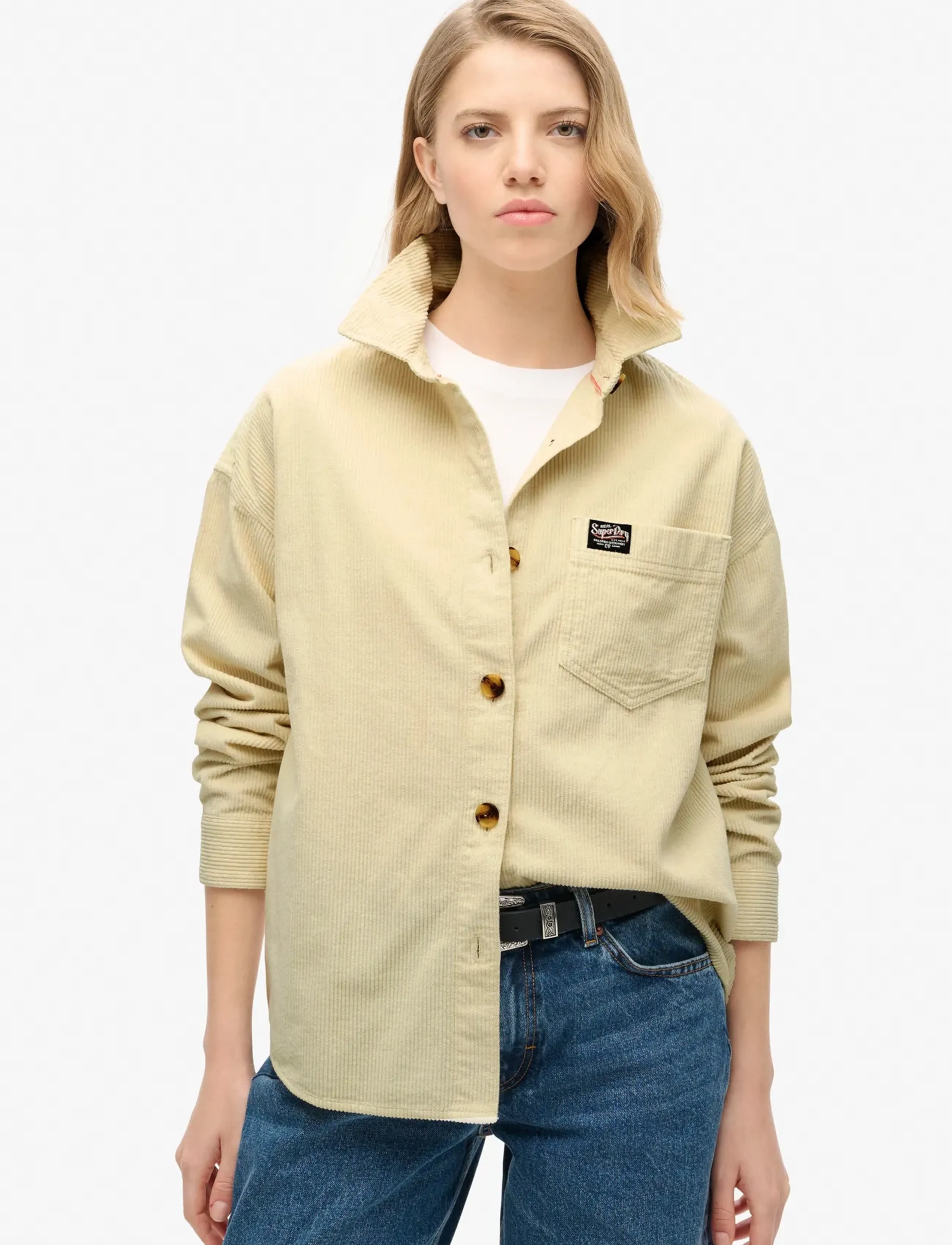 Superdry Chunky Cord Overshirt, 8, Oberteile, Creme - Overshirts, Frauen