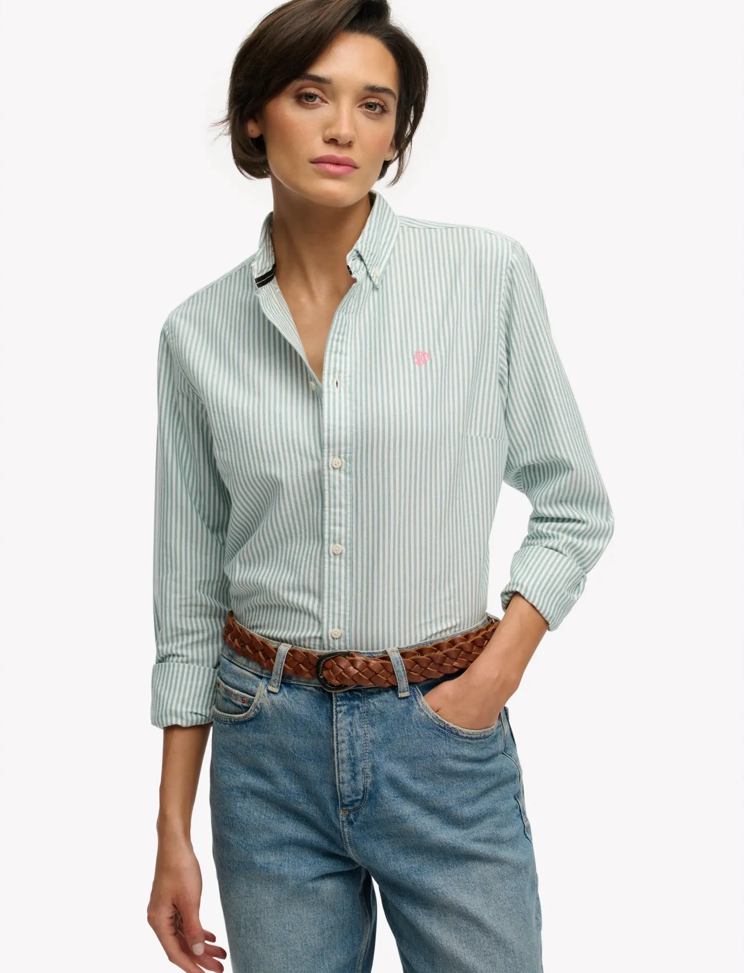 Superdry SLIM OXFORD BD L,S SHIRT - Särgid - PEPPERMINT CHALK STRIPE OXFORD / green