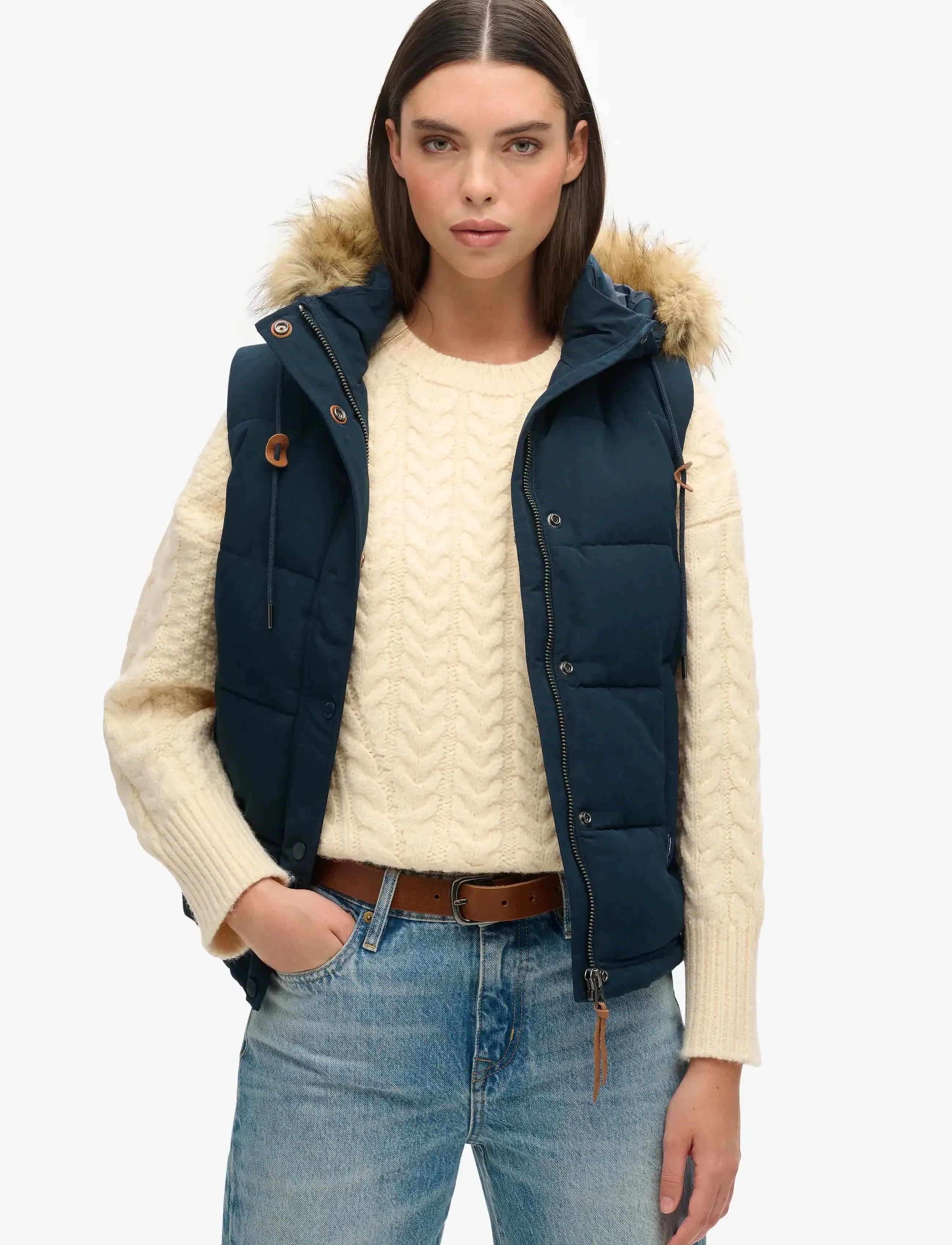 Superdry Vintage Everest Faux Fur Gilet, XS, Navy, Veste > Vatterede Veste, Dame