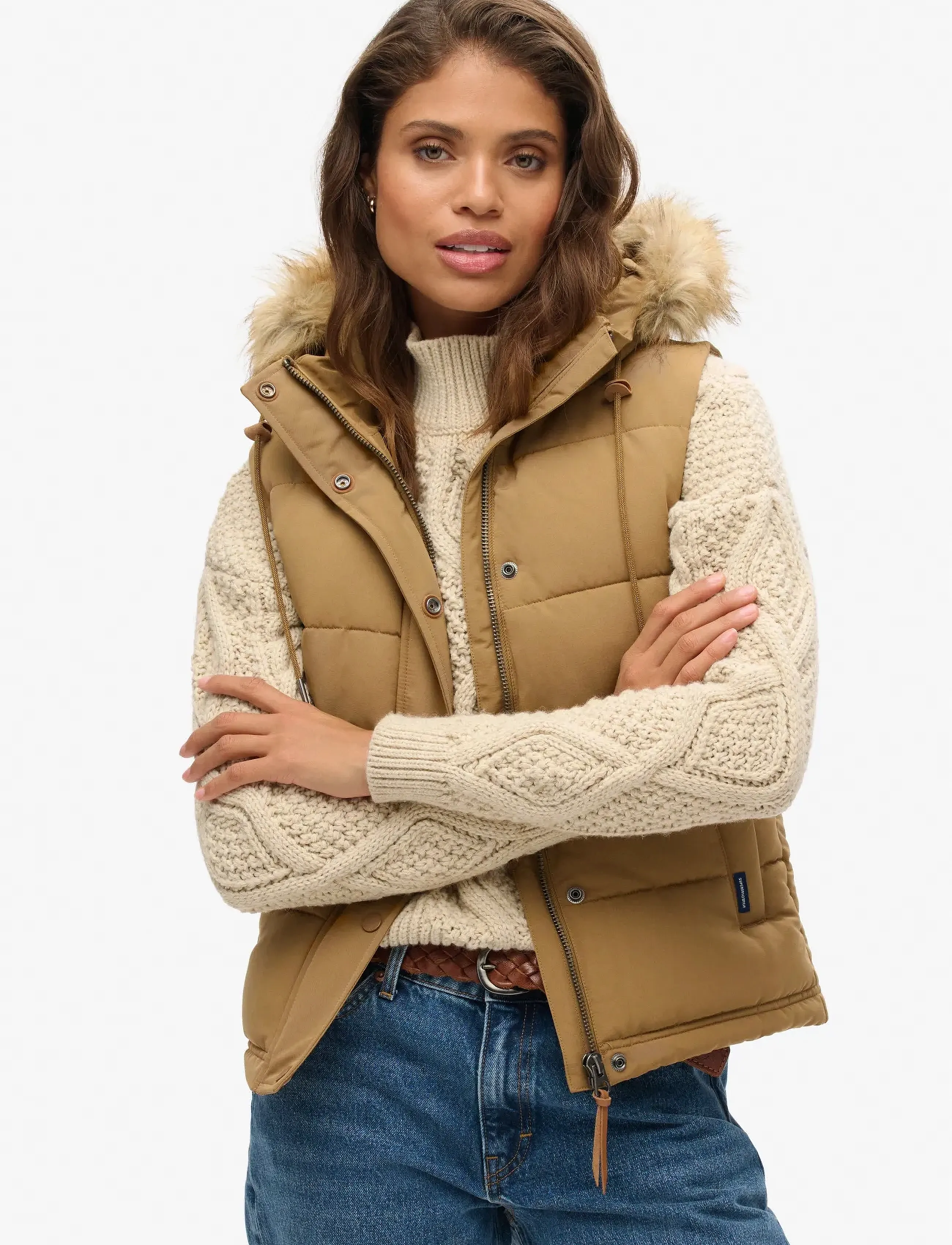 Superdry Vintage Everest Faux Fur Gilet, 10, Brown, Veste > Vatterede Veste, Dame