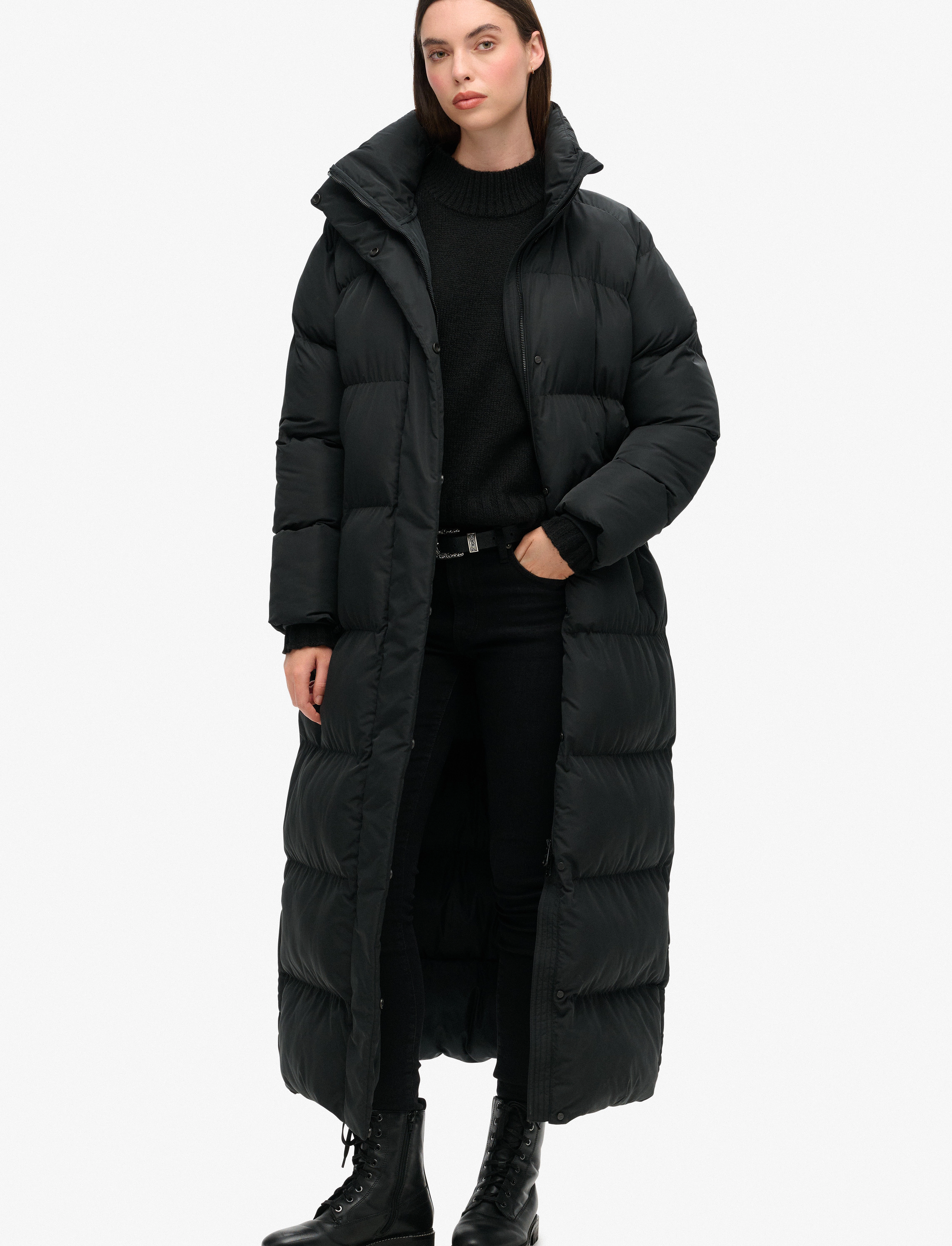 Superdry Maxi Longline Puffer Jacket, XS, Black, Frakker > Vatterede Frakker, Dame