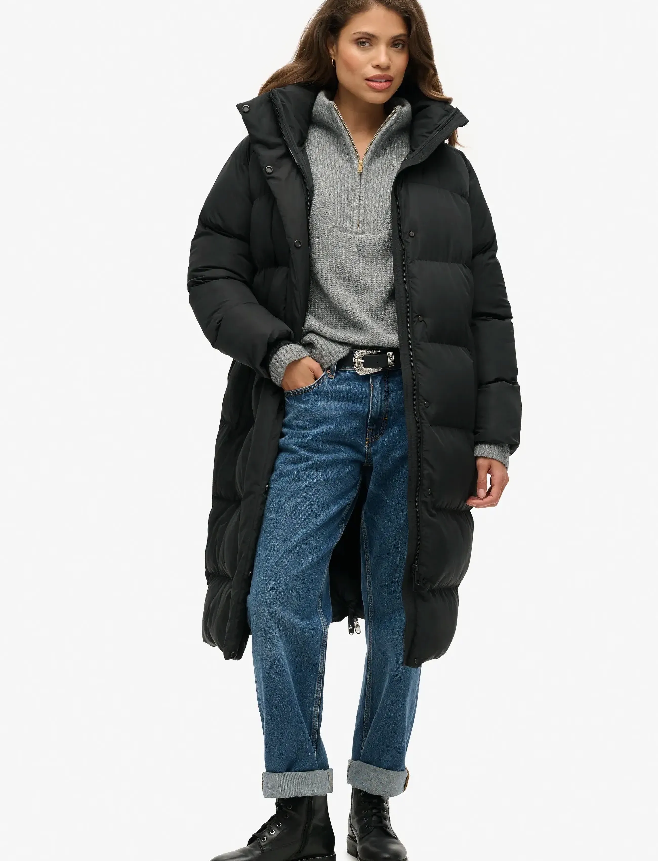 Superdry Longline Hooded Puffer Jacket, M, Black, Frakker > Vatterede Frakker, Dame