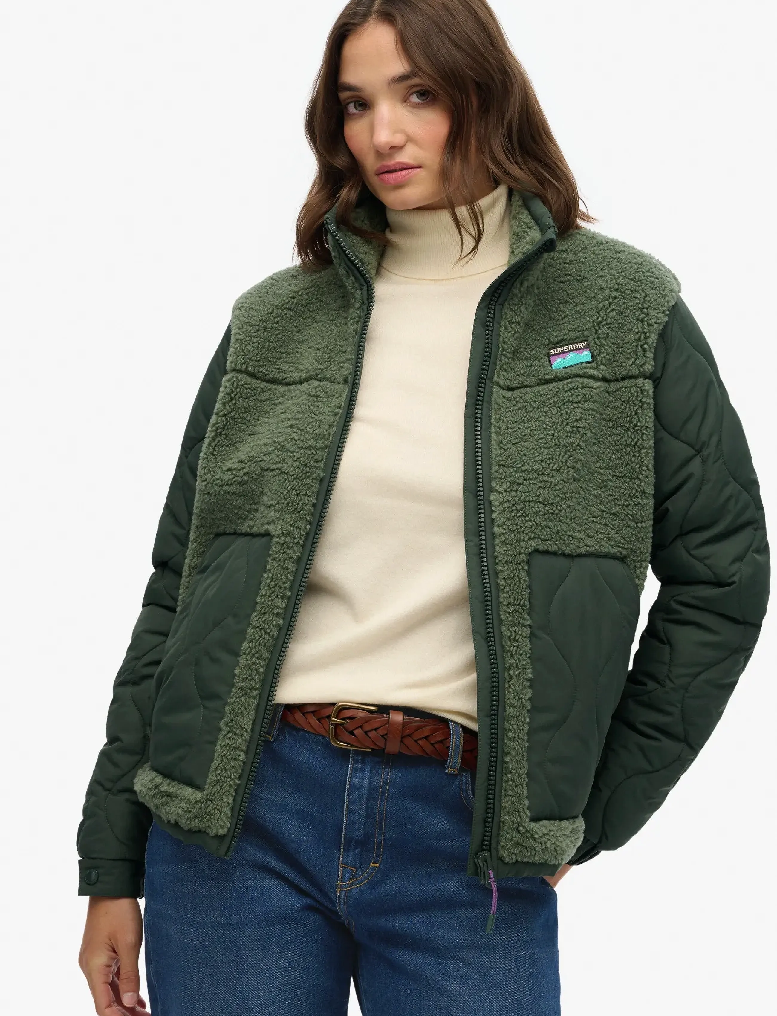 Superdry FLEECE HYBRID JACKET - Kläder - LAUREL KHAKI / khaki/green