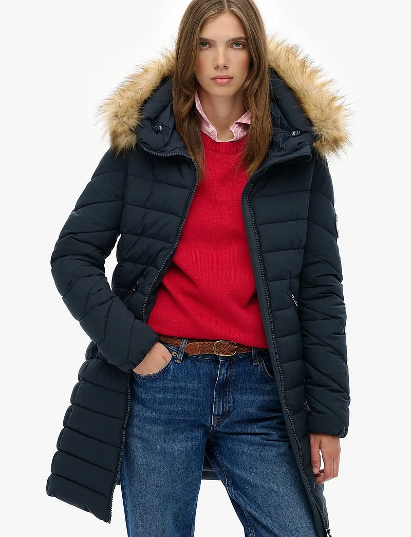 Superdry - FUJI FAUX FUR HOOD MID LENGTH - dunkappor - eclipse navy - 0