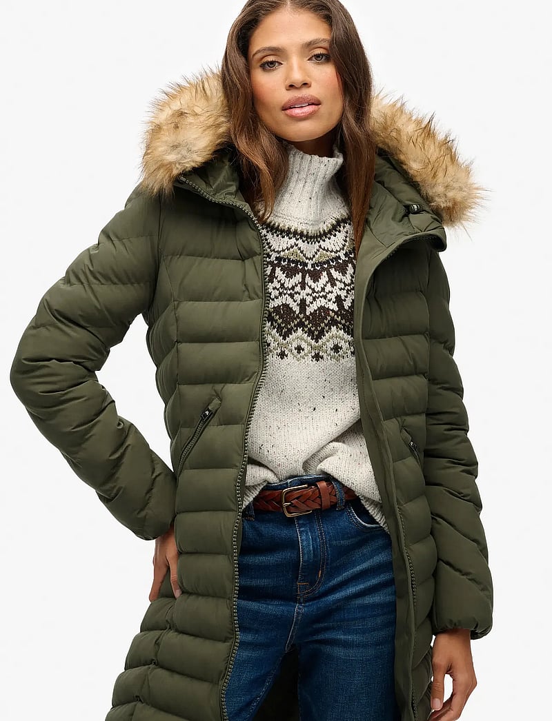 Superdry - FUJI FAUX FUR HOODED LONGLINE - dunjackor - beetle green - 0