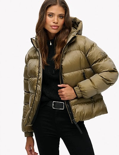 Superdry HOODED LUXE SPORTS PUFFER - Pūkinės ir dygsniuotos striukės - KHAKI SHEEN / brown
