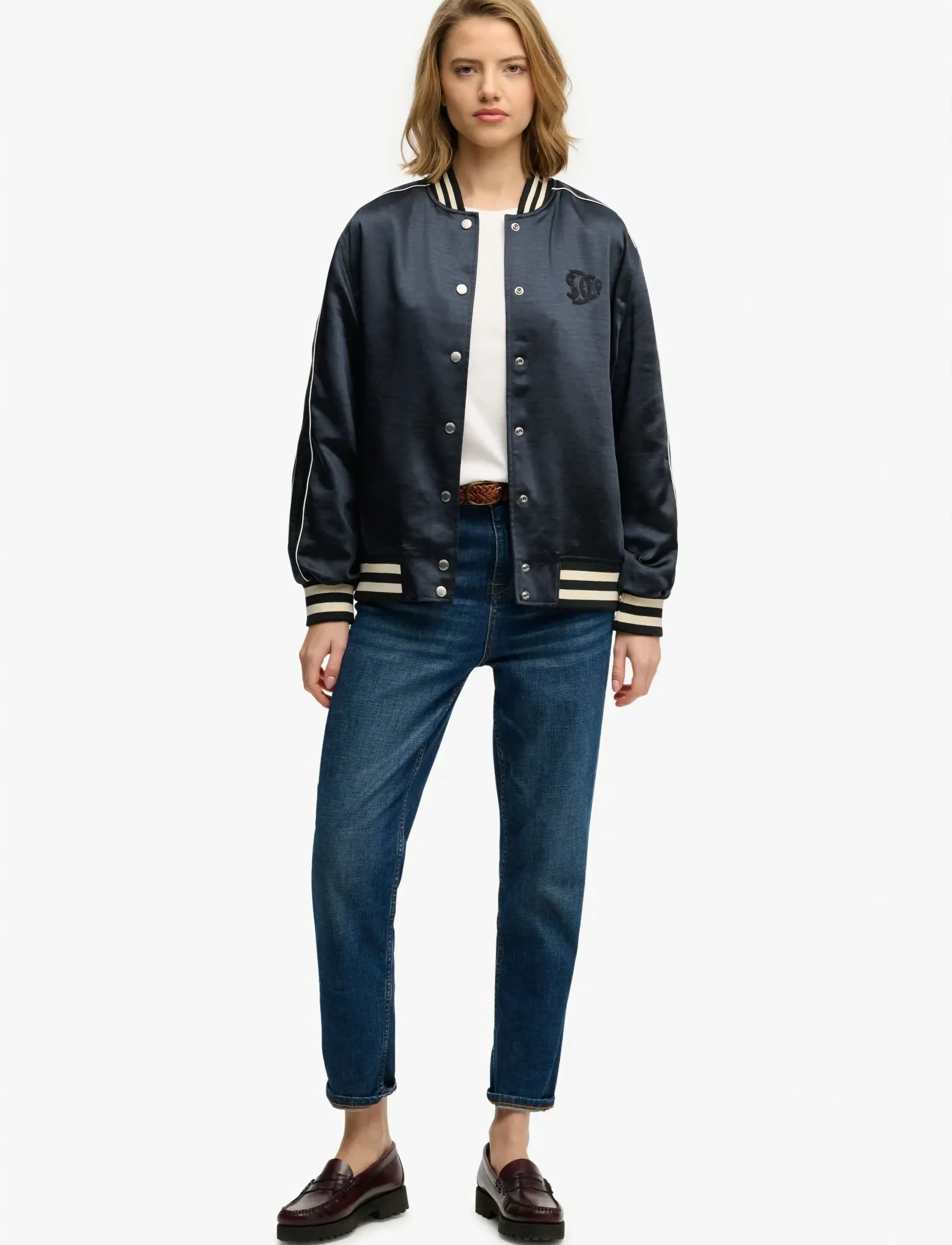Superdry Varsity Satin Bomber Jacket, 8, Navy, Jakker > Bomberjakker, Dame