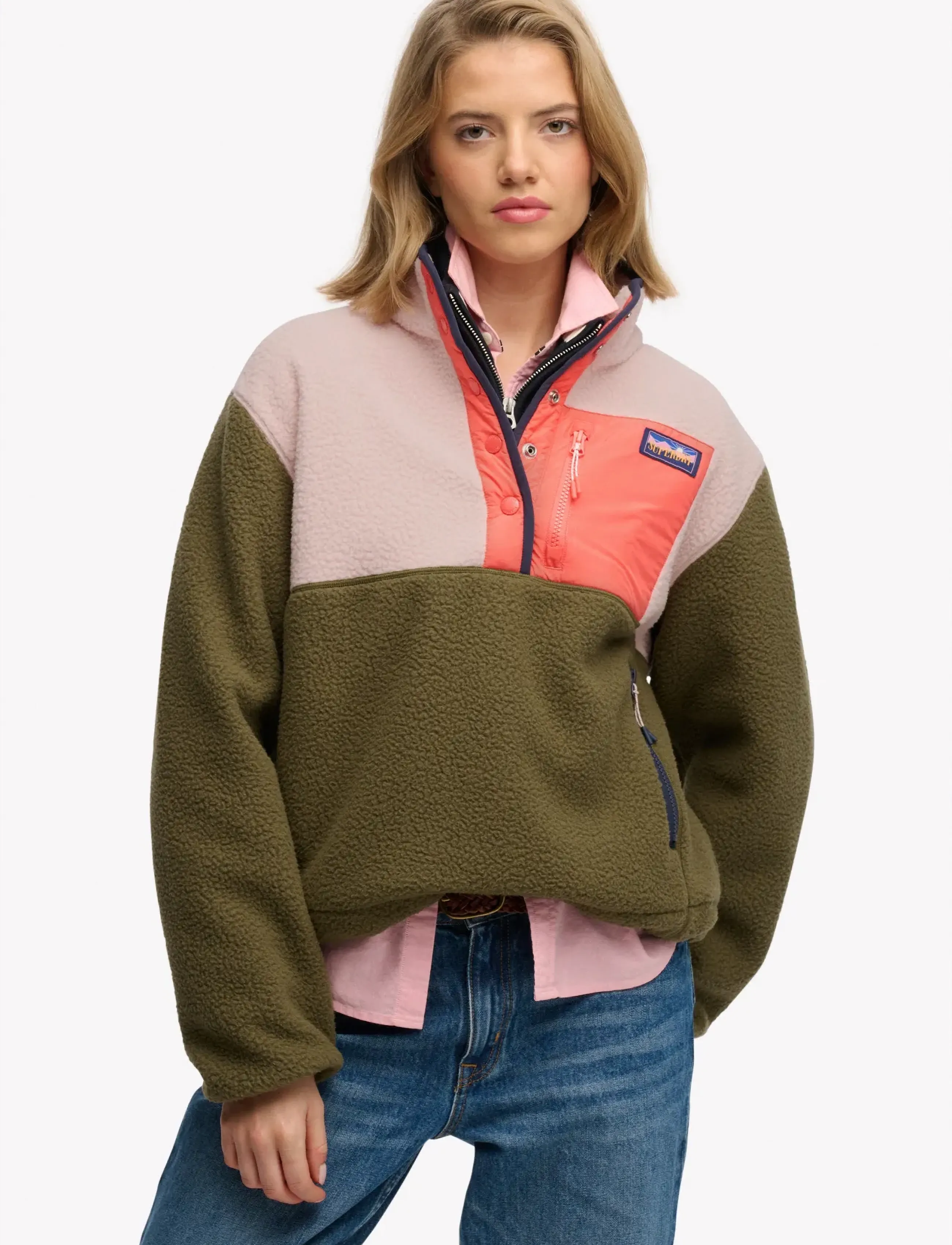 Superdry COLOUR BLOCK FLEECE PULL OVER - Džemperiai - SHOOTING OLIVE / khaki/green