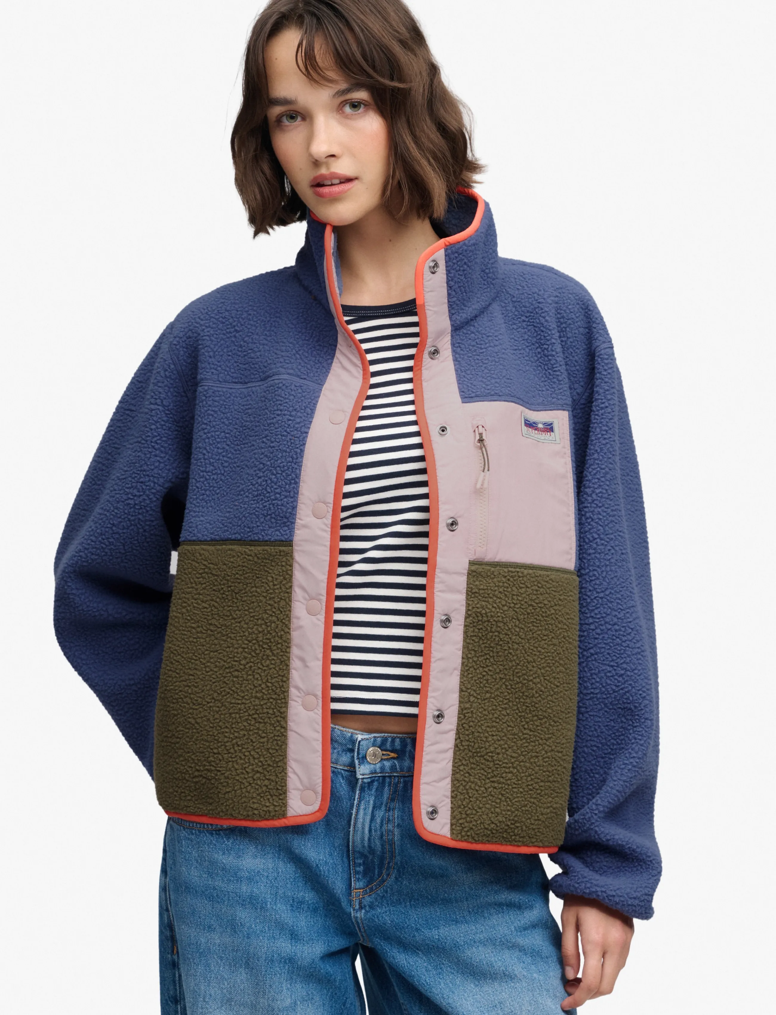 Superdry Colour Block Fleece Jacket, Damen, Farbblock Fleece Jacke, Blau, Gr.16