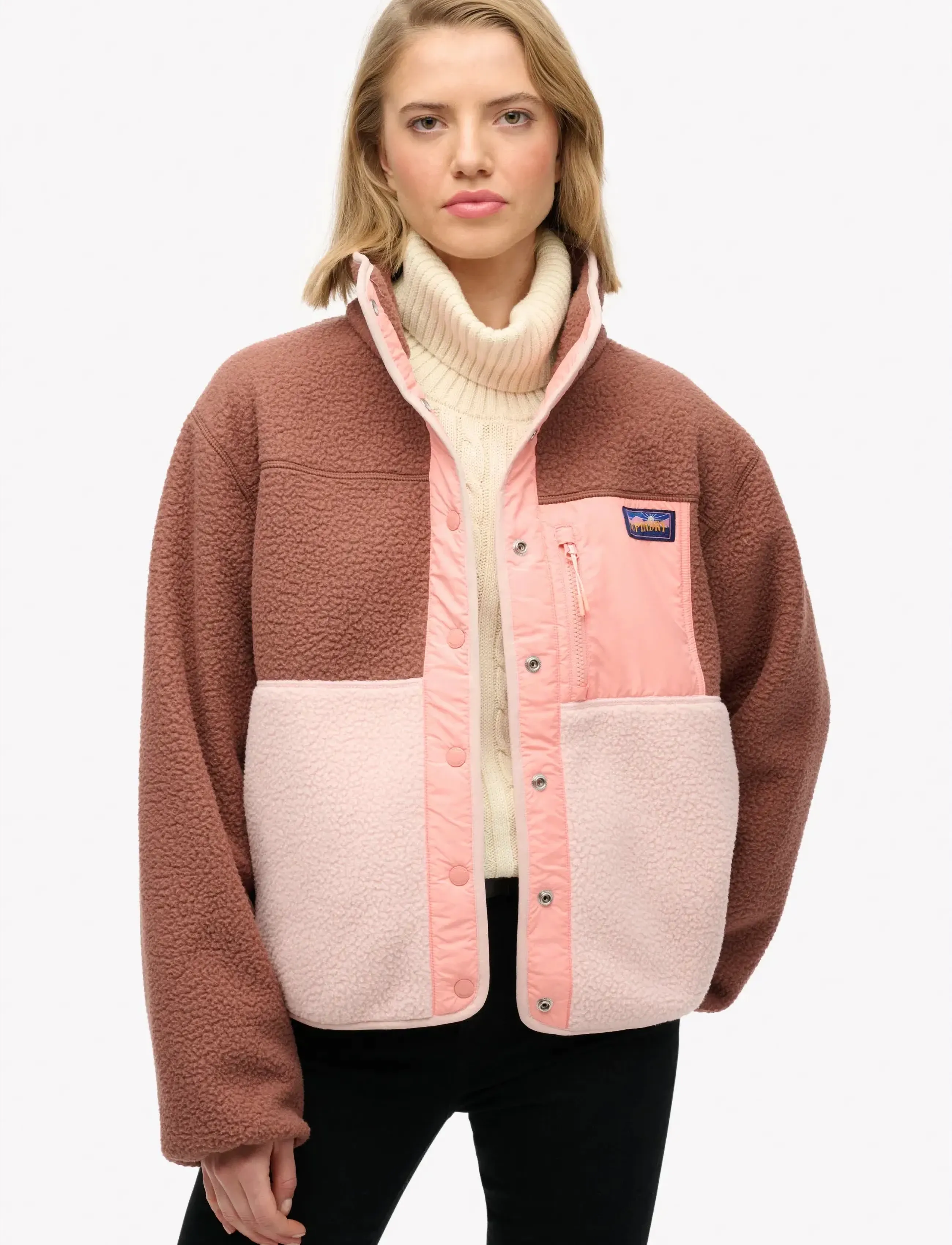 Superdry Colour Block Fleece Jacket, Damen, Farbblock Fleece Jacke, Rosa, Gr.10