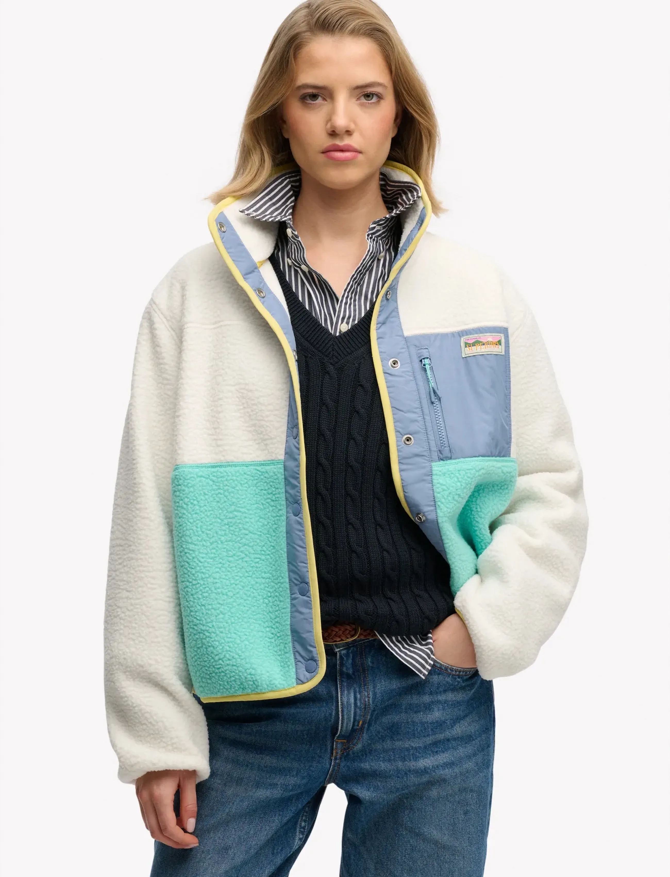 Superdry COLOUR BLOCK FLEECE JACKET - Džemperiai - OFF WHITE / white
