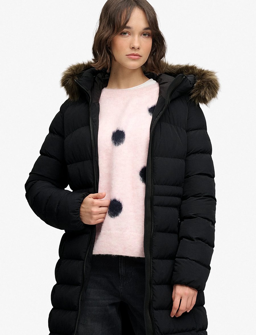 Superdry - HOODED FAUX FUR FUJI LONGLINE - winter jackets - black - 0