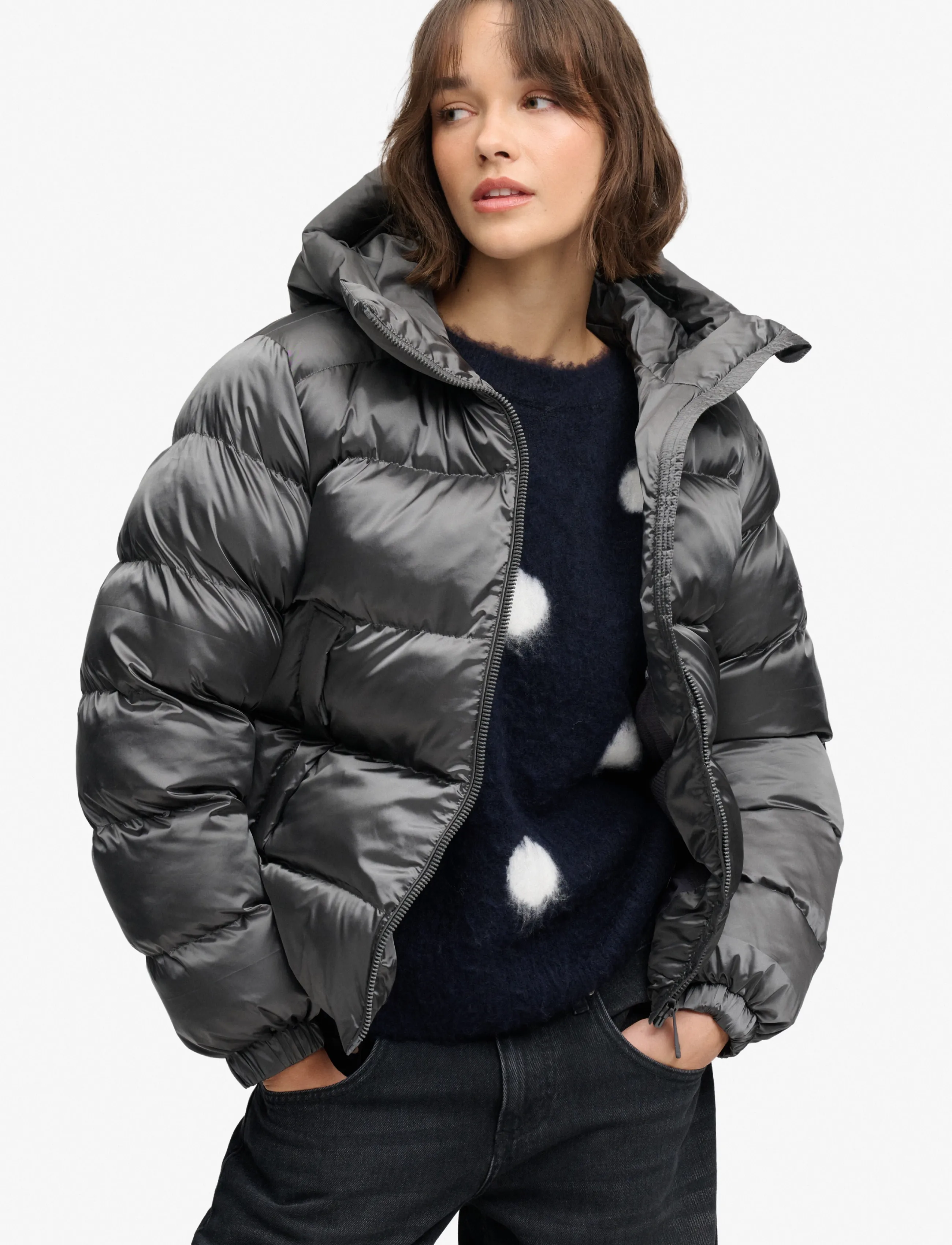 Superdry HOODED SHINE PUFFER JACKET - Winterjacken - BLACK SHEEN / black