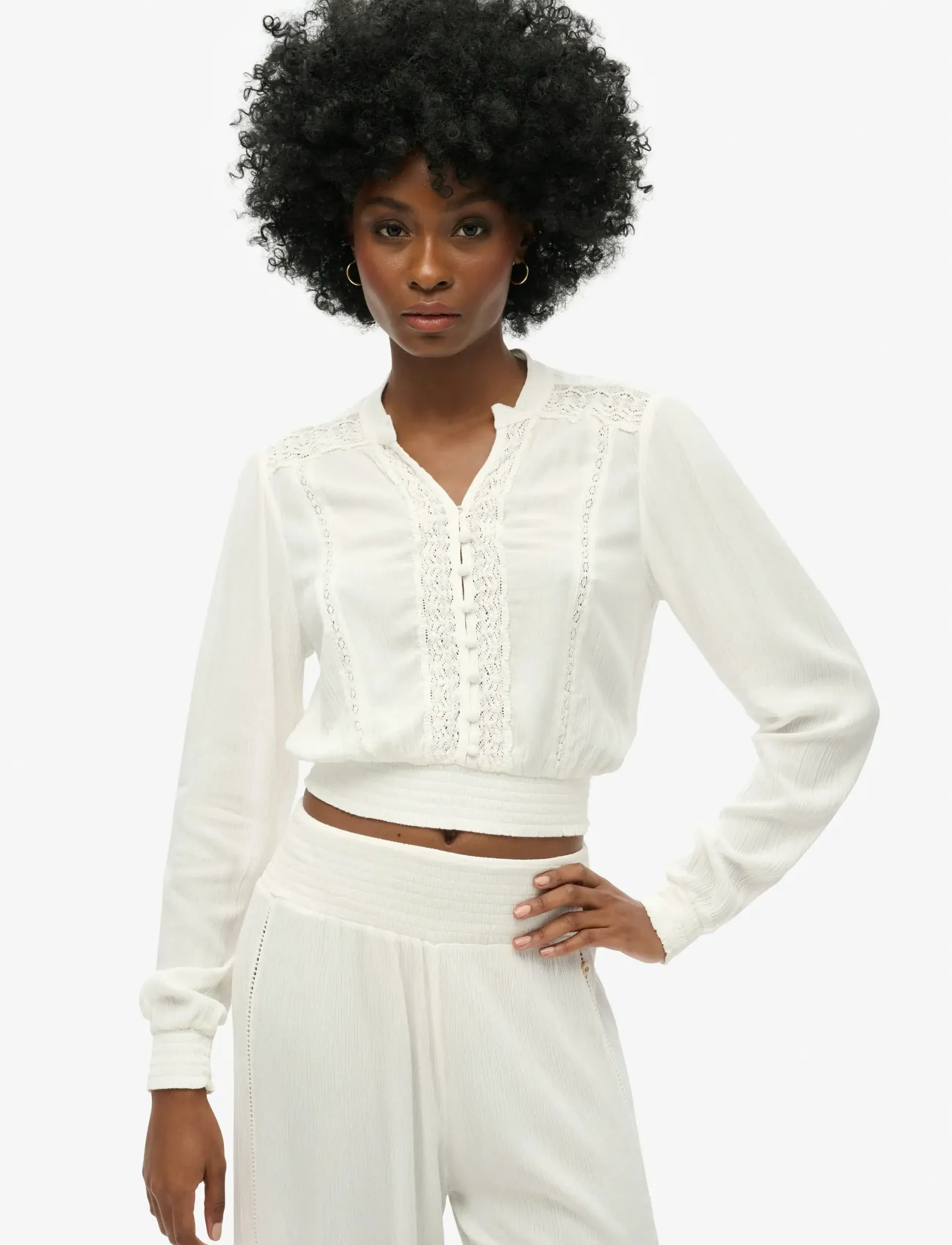 Superdry - LS LACE TRIM SMOCKED BLOUSE - long sleeved blouses - ecru - 0