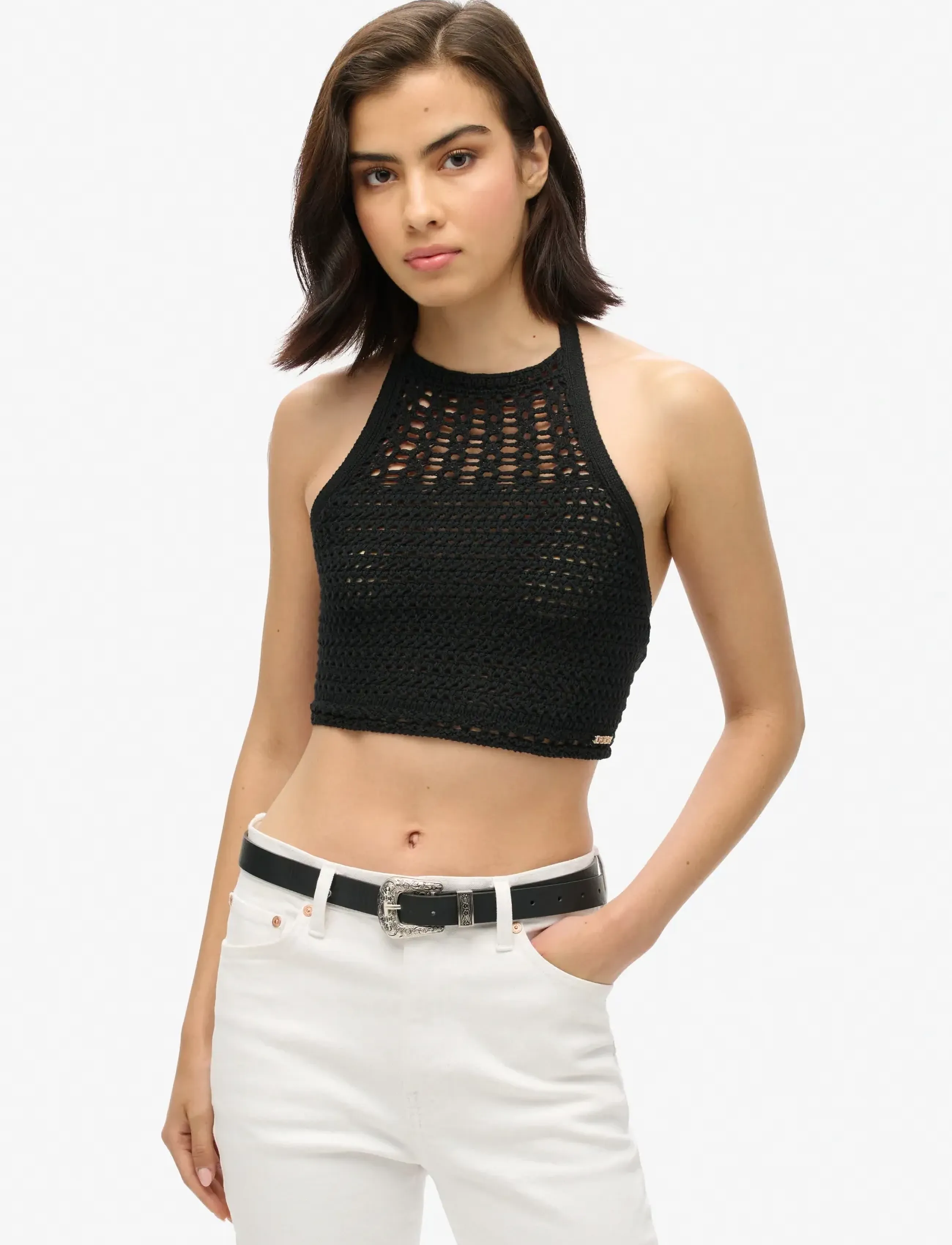 Superdry Crop Halter Crochet Top, 38, Black, Crop Overdele > Crop Overdele Uden Ærmer, Dame