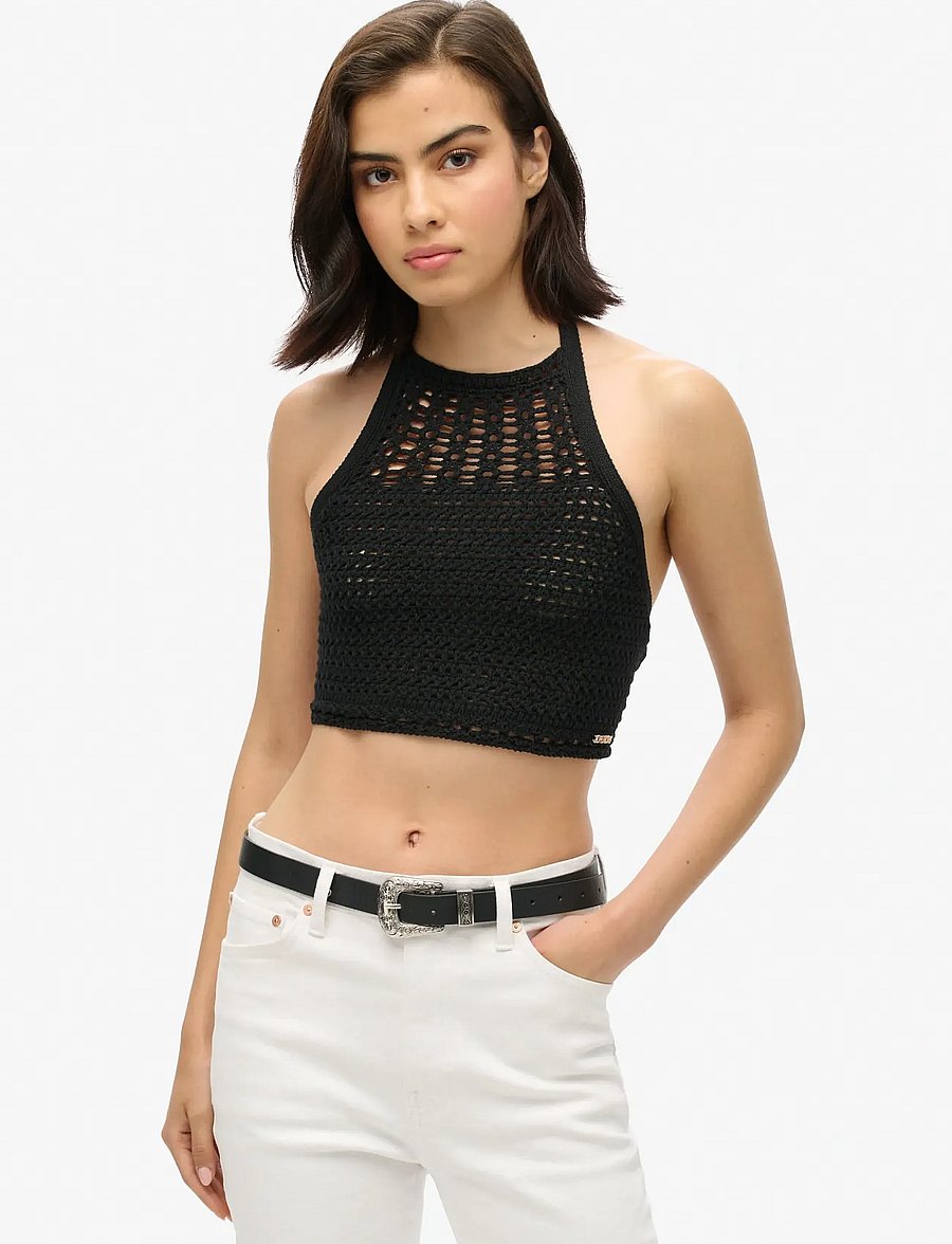 Superdry - CROP HALTER CROCHET TOP - crop tops - black - 0