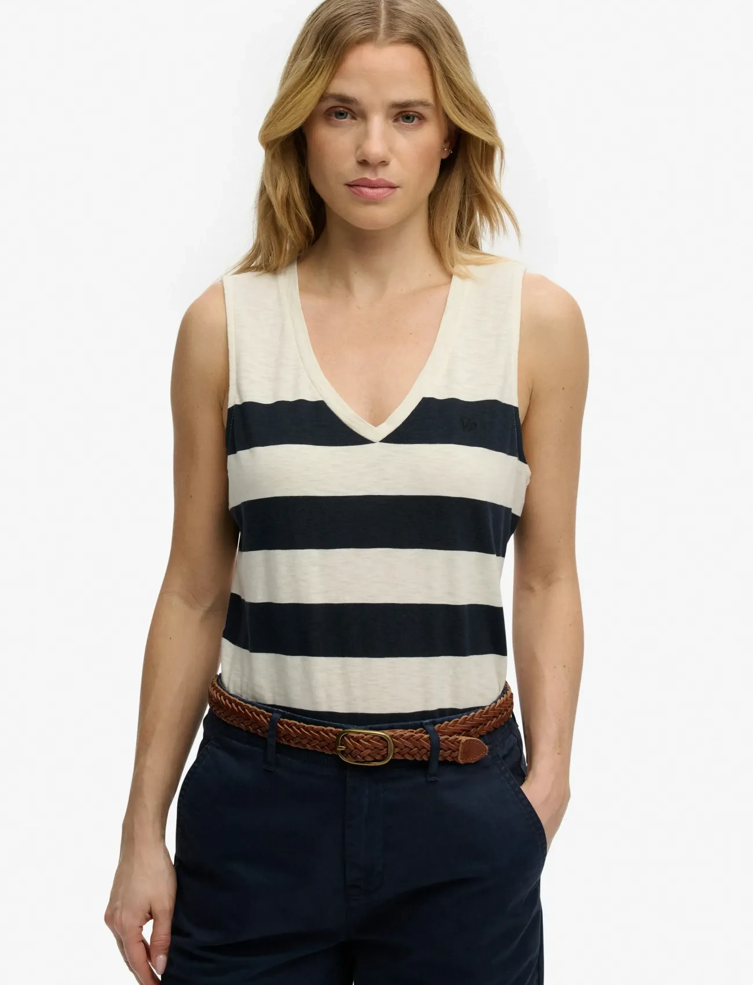 Superdry STUDIOS VEE NECK VEST - Superdry - OFF WHITE/NAVY WIDE STRIPE / cream