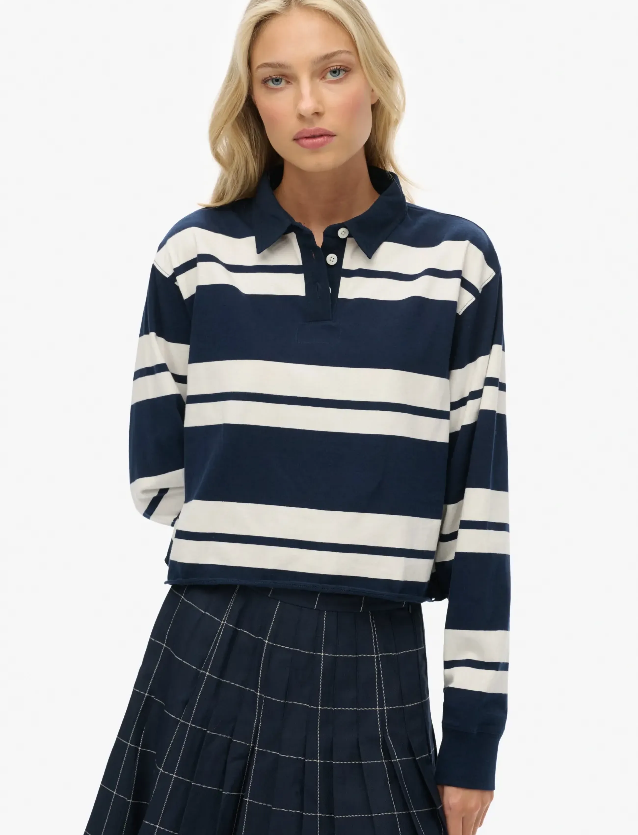 Superdry Ath Ess Cropped Stripe Rugby, 16, T-shirts & Oberteile, Marineblau - Long-sleeved, Frauen