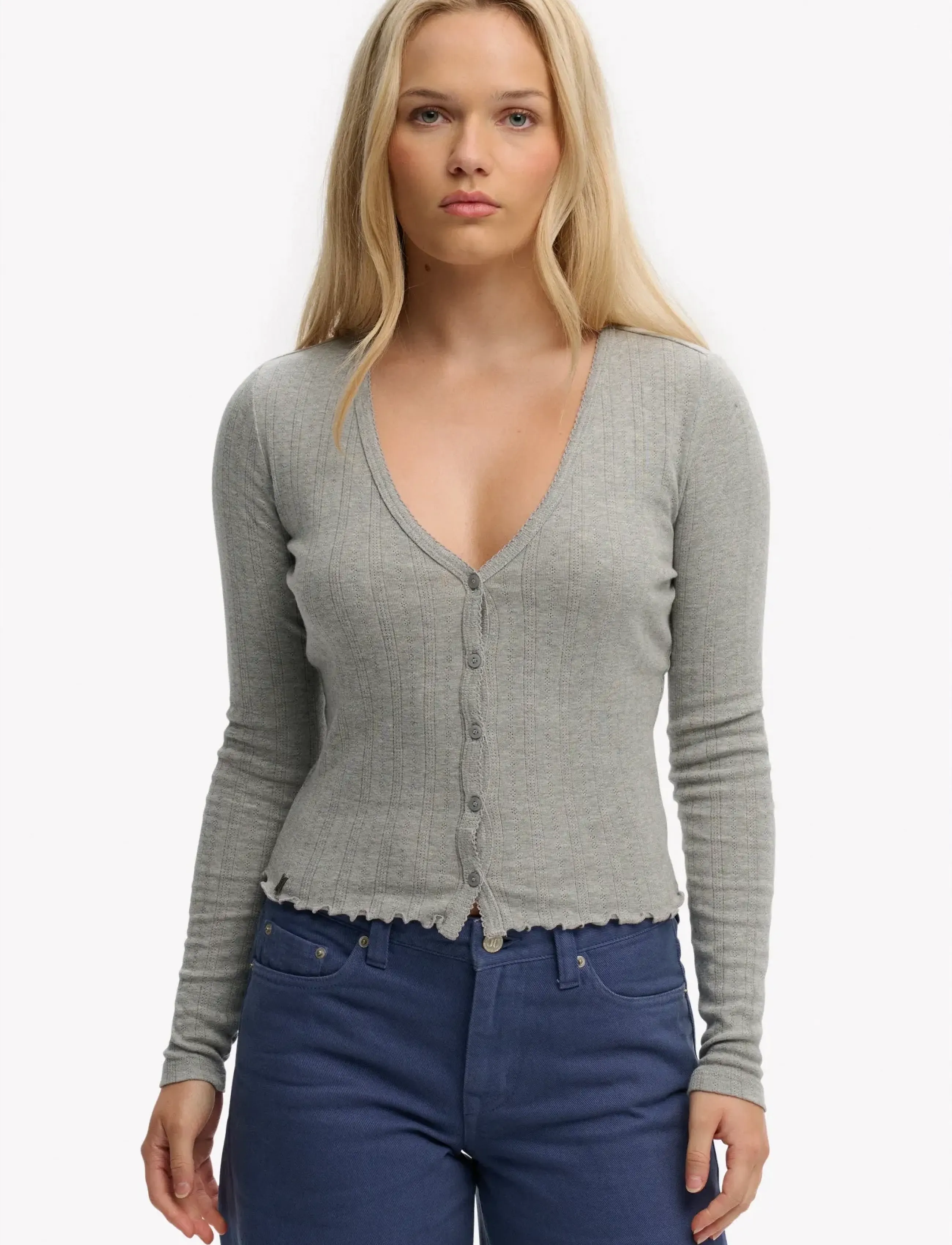 Superdry Ath Ess Pointelle Cardigan, 12, Knitwear, Grau - Cardigans, Frauen