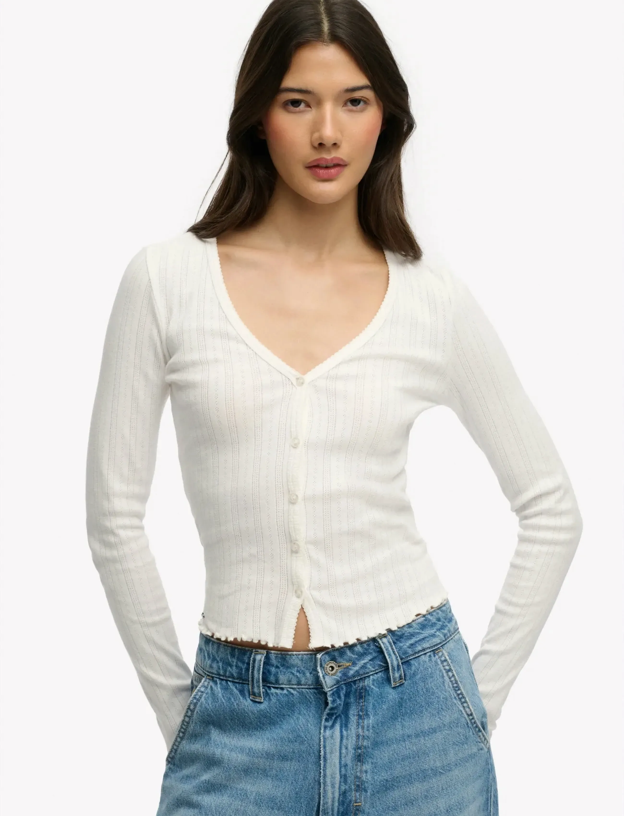 Superdry Ath Ess Pointelle Cardigan, 14, Cream, Strik > Cardigans, Dame
