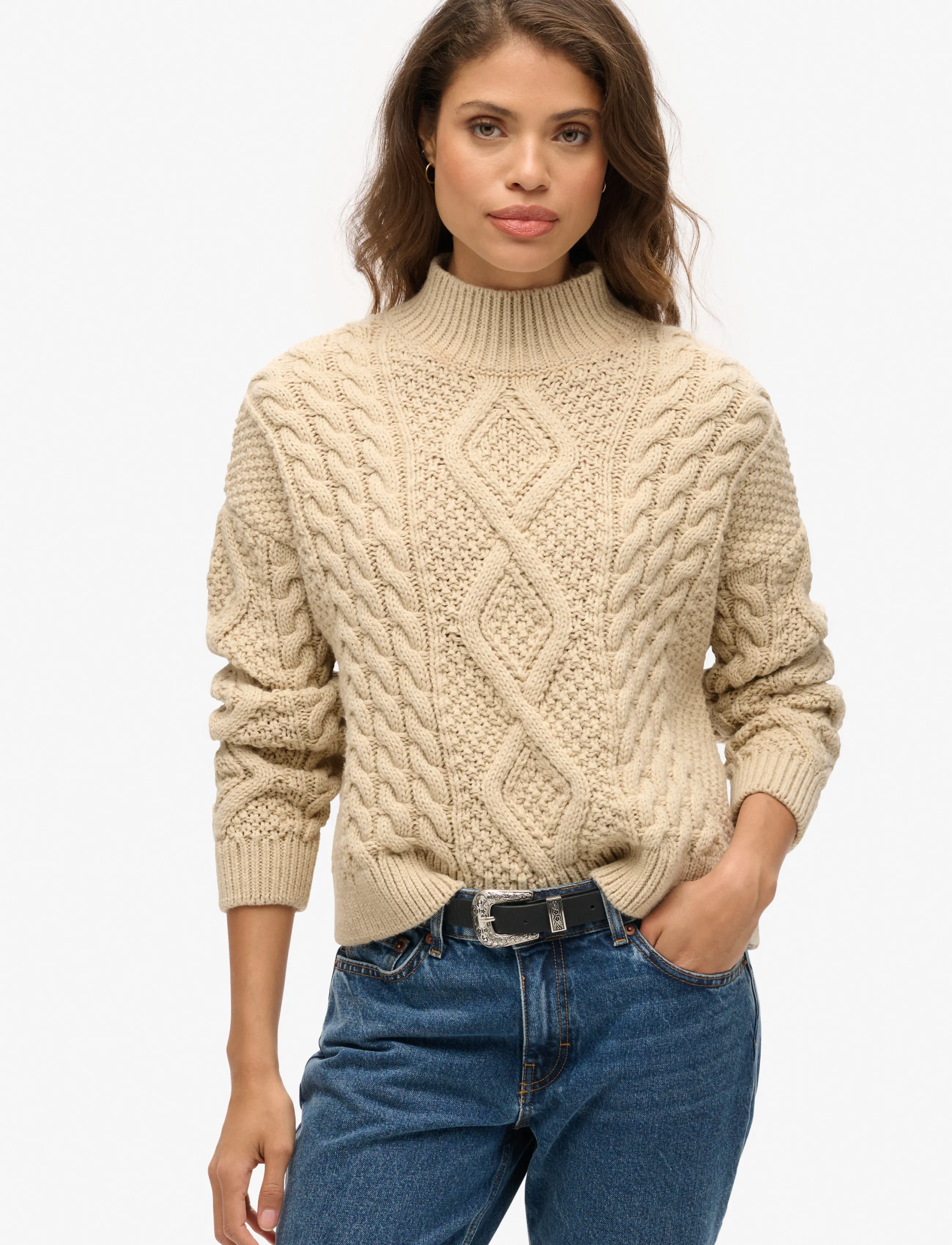 Superdry Aran Cable Knit Polo Jumper, Kvinder, Aran Kabelstrikket Højhalset Striktrøje, Cream, Str: 8