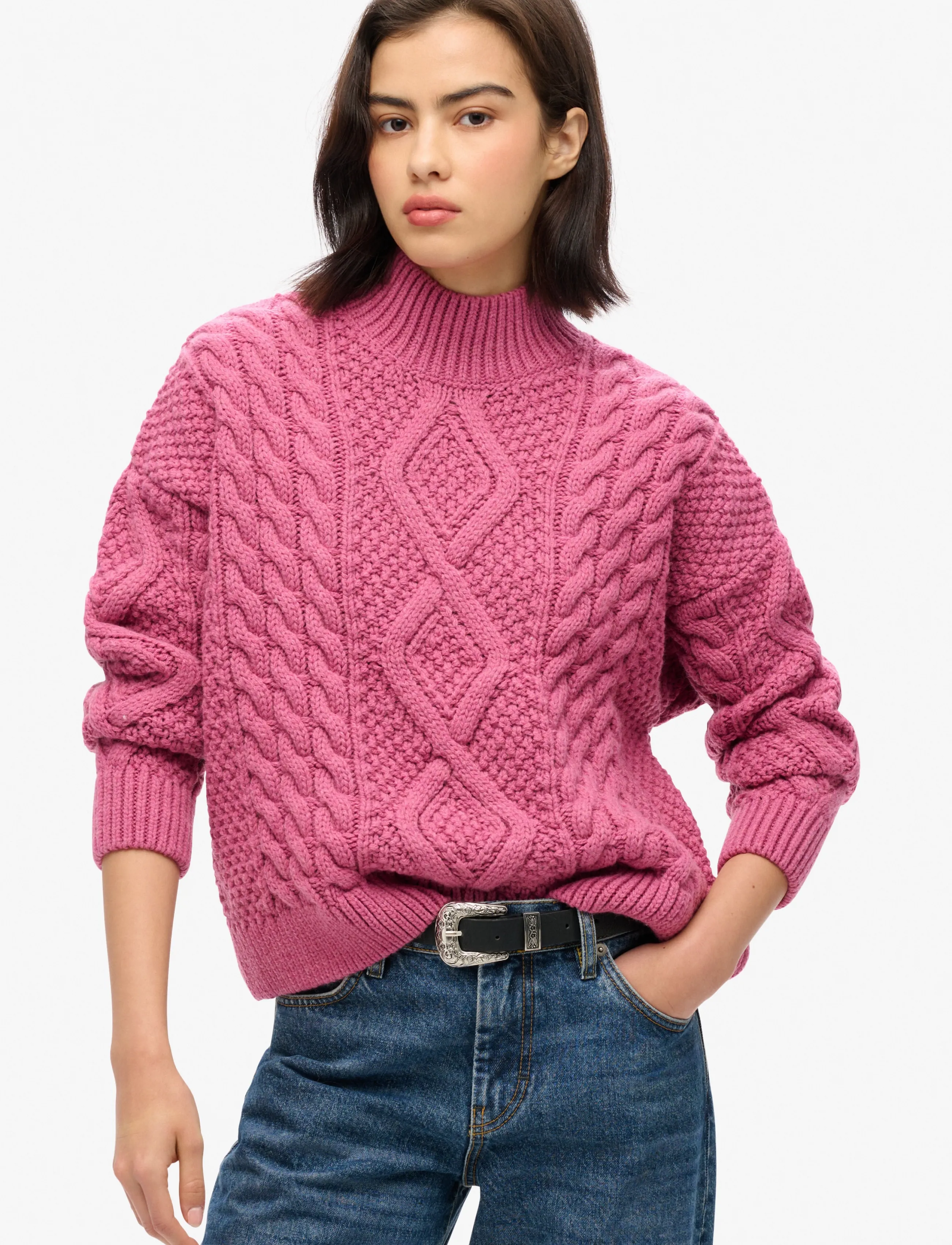 Superdry Aran Cable Knit Polo Jumper, Kvinder, Aran Kabelstrikket Højhalset Striktrøje, Pink, Str: 12
