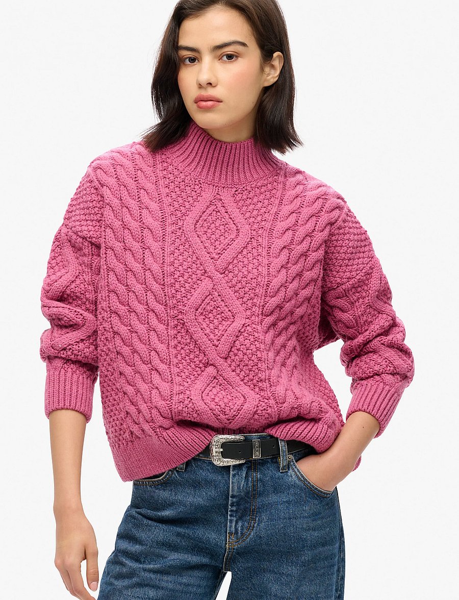 Superdry - ARAN CABLE KNIT POLO JUMPER - pullover - papaya pink - 0