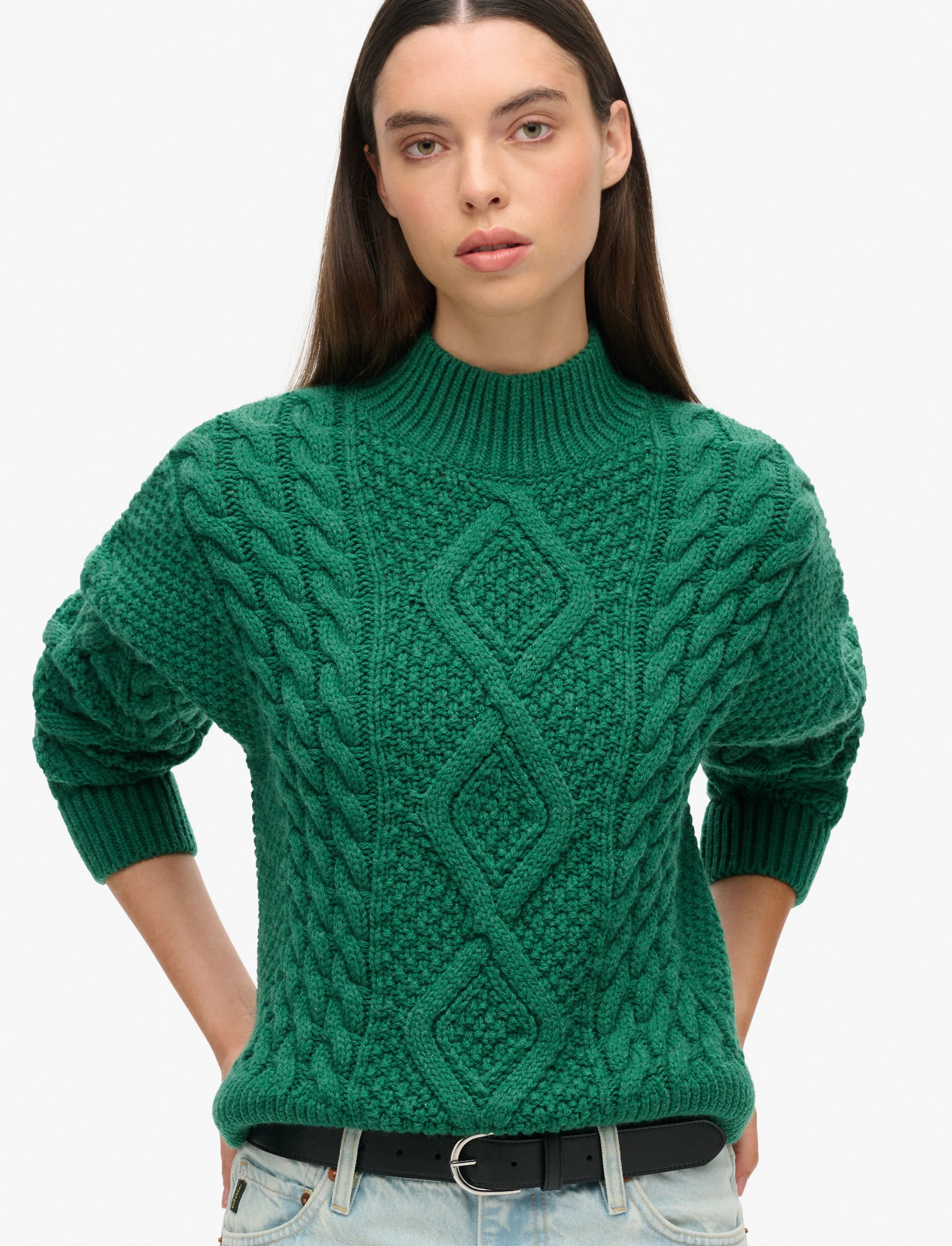 Superdry Aran Cable Knit Polo Jumper, 14, Green, Strik > Rullekrave, Dame