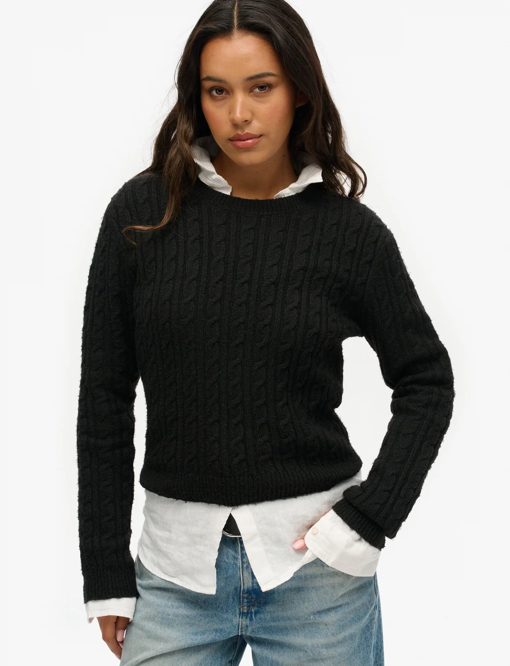 Superdry - FITTED CABLE CREW NECK JUMPER - sviitrid - black - 0
