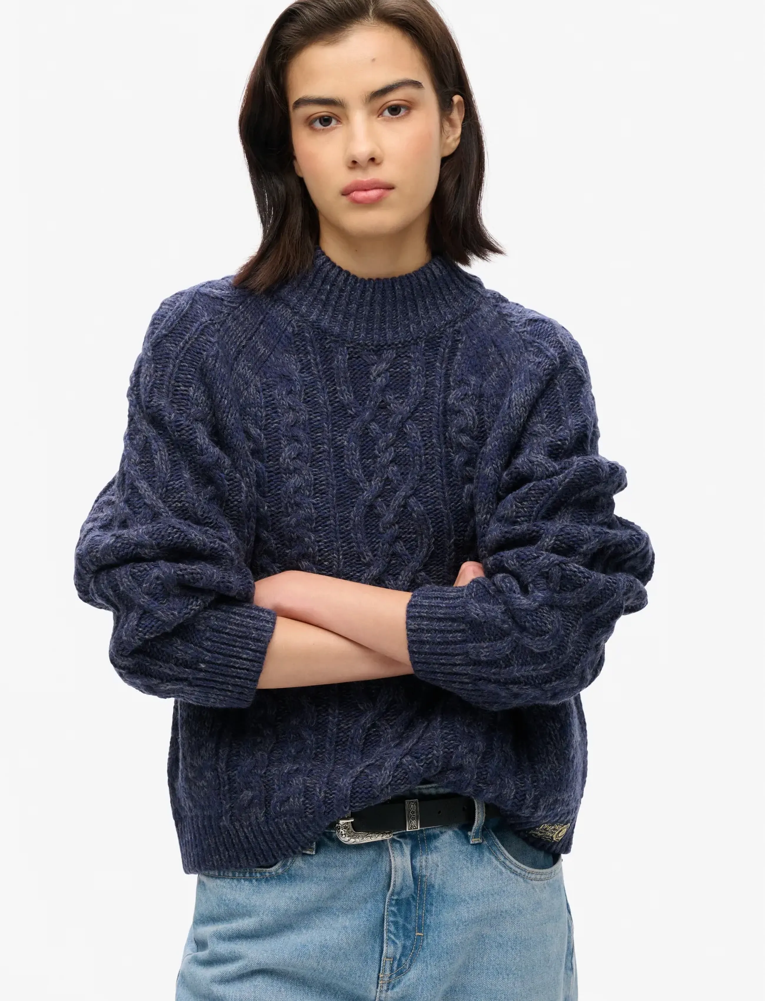 Superdry - CABLE MOCK NECK JUMPER - stickade tröjor - island navy twist - 0