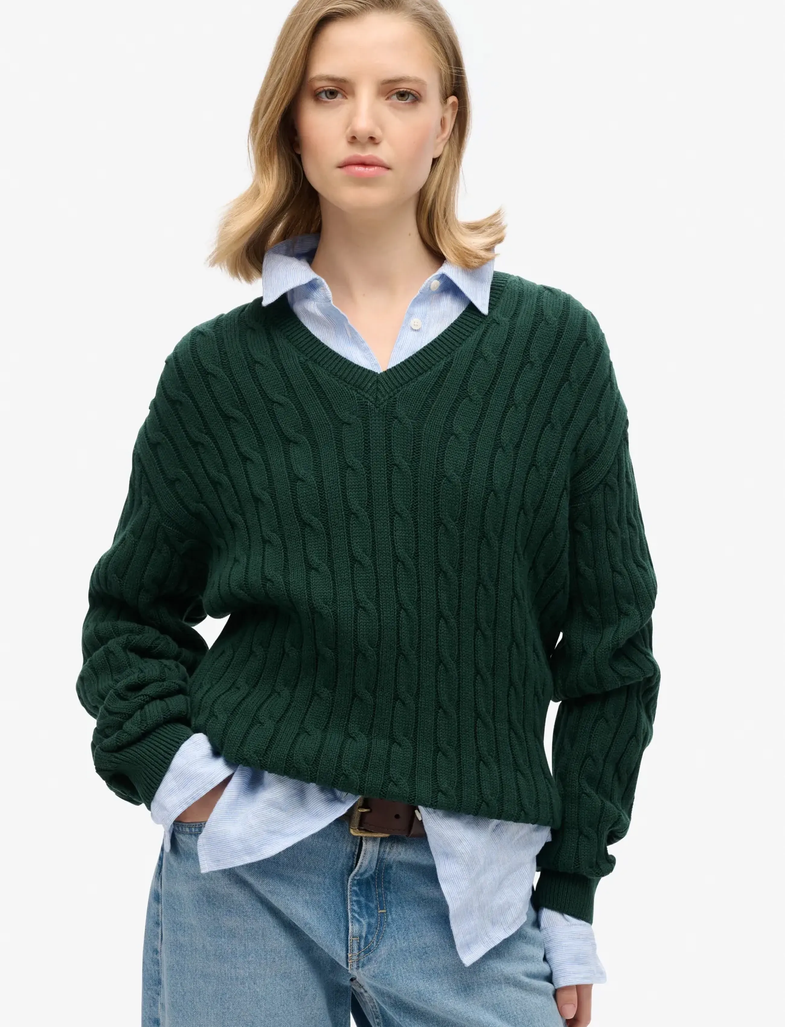 Superdry - OVERSIZED V NECK CABLE JUMPER - herbstliche kleidung - darkest pine green - 0