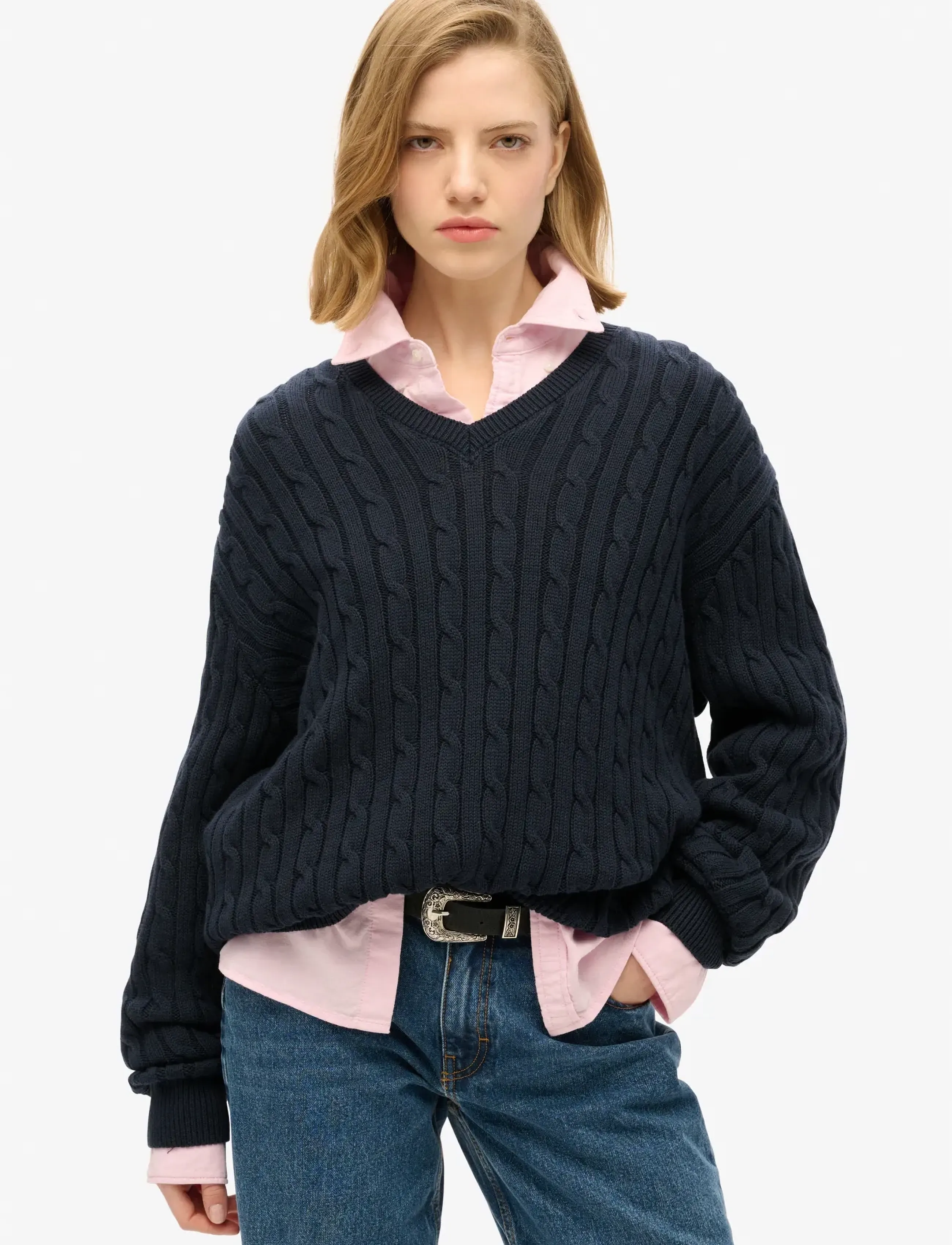 Superdry Oversized V Neck Cable Jumper, Damen, Oversized V-Ausschnitt Zopfstrickpullover, Marineblau, Gr.10-12