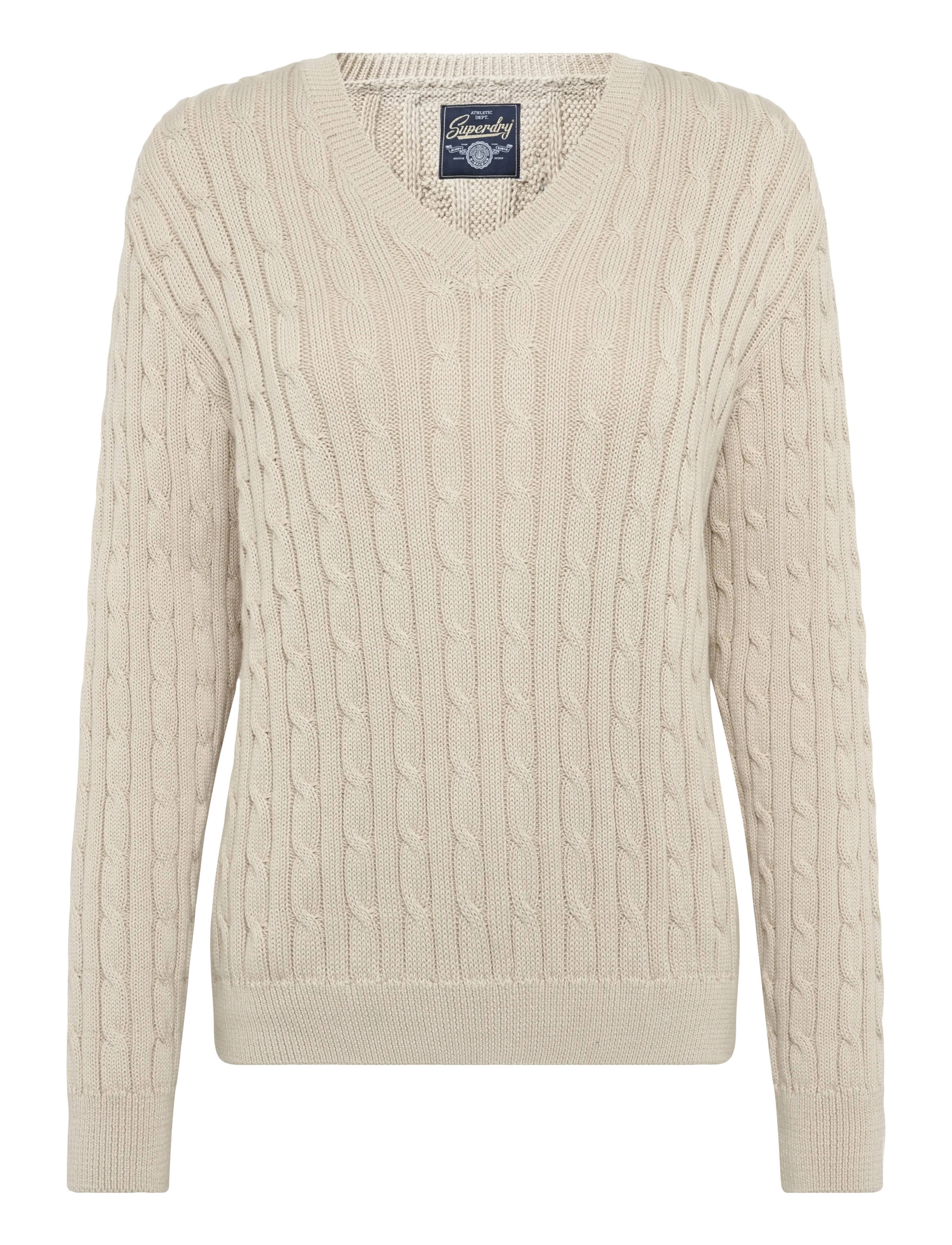 Superdry Oversized V Neck Cable Jumper, Damen, Oversized V-Ausschnitt Zopfstrickpullover, Beige, Gr: 14-16