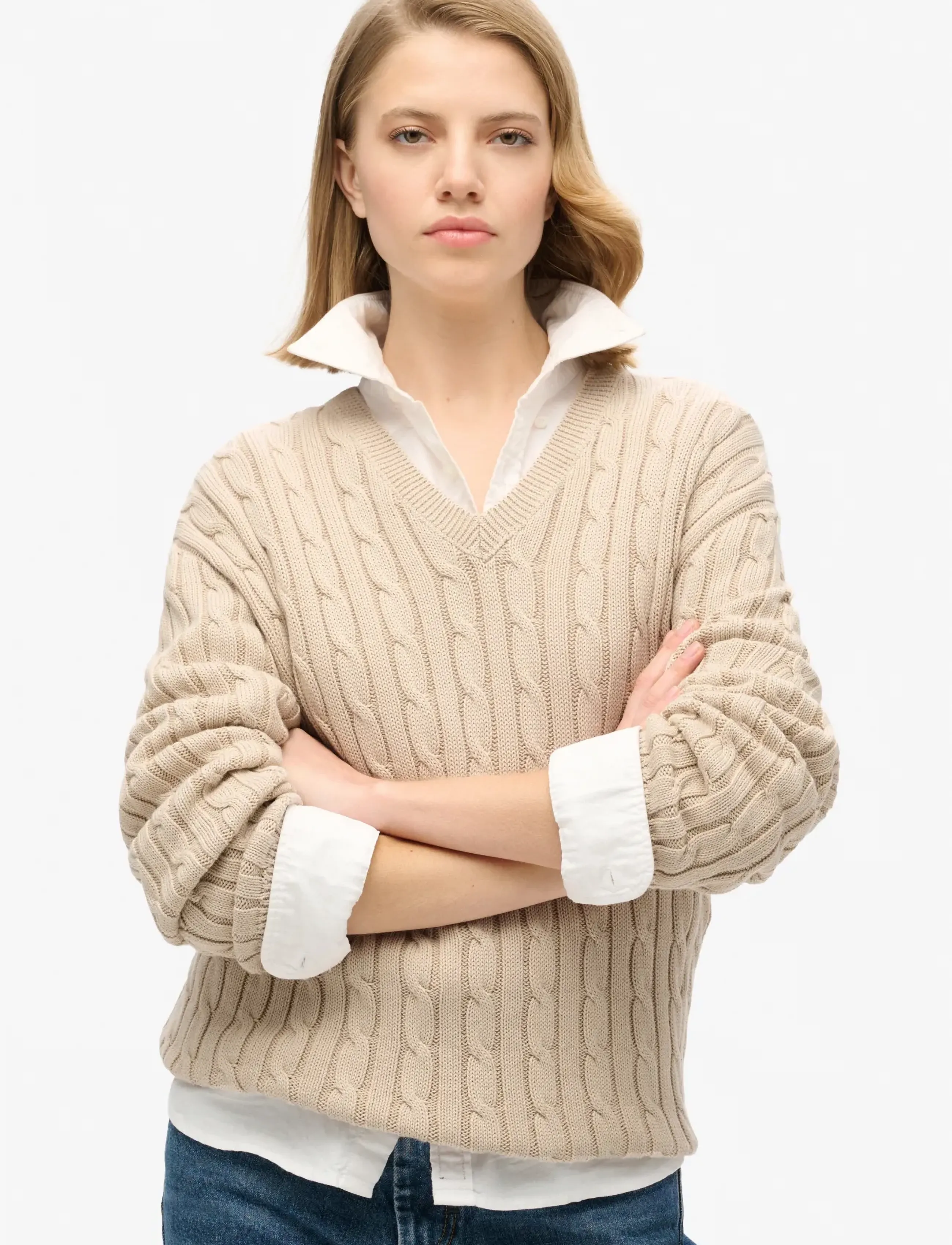 Superdry Oversized V Neck Cable Jumper, Damen, Oversized V-Ausschnitt Zopfstrickpullover, Beige, Gr.10-12