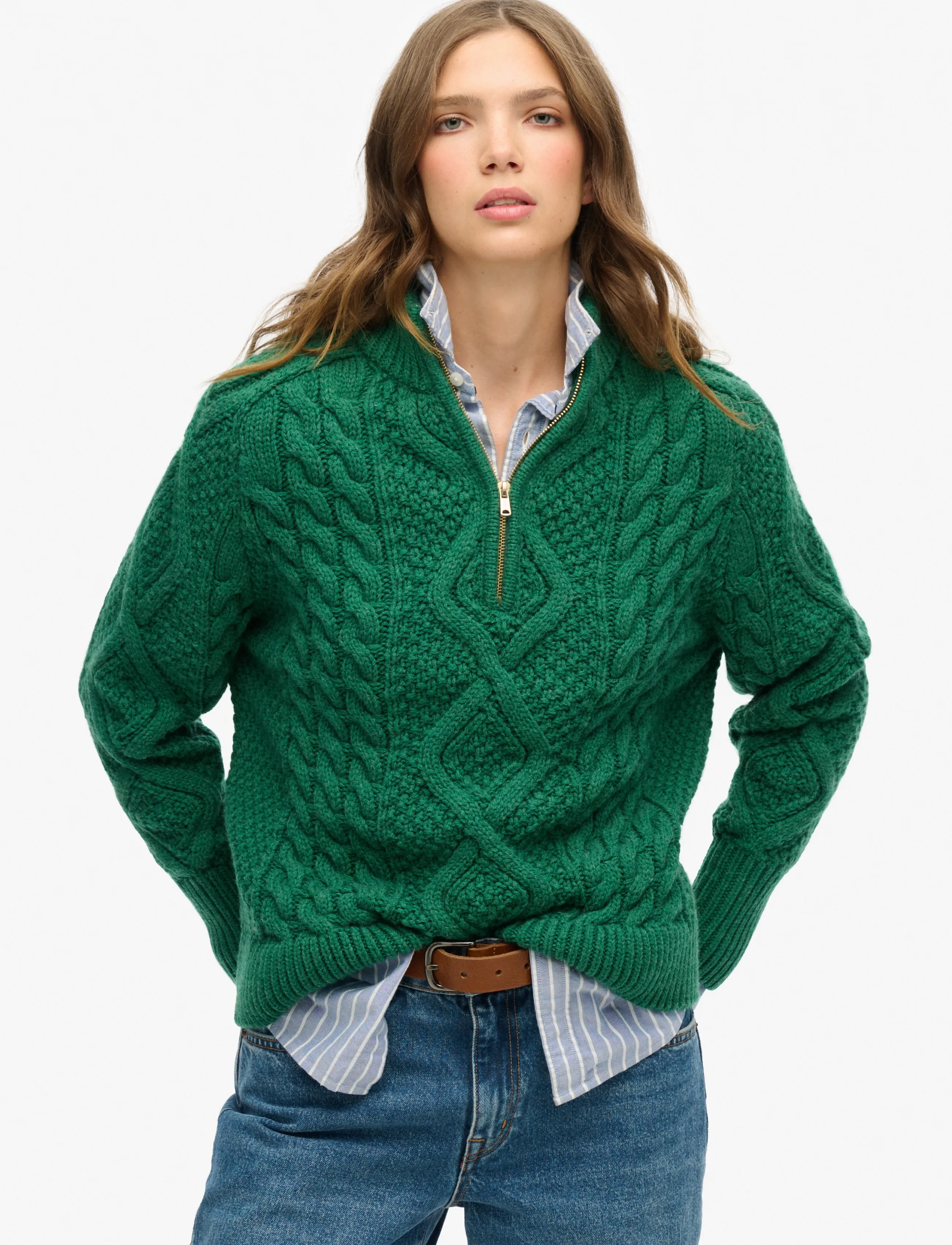Superdry ARAN CABLE KNIT HALF ZIP - Superdry - DARK PINE GREEN / green