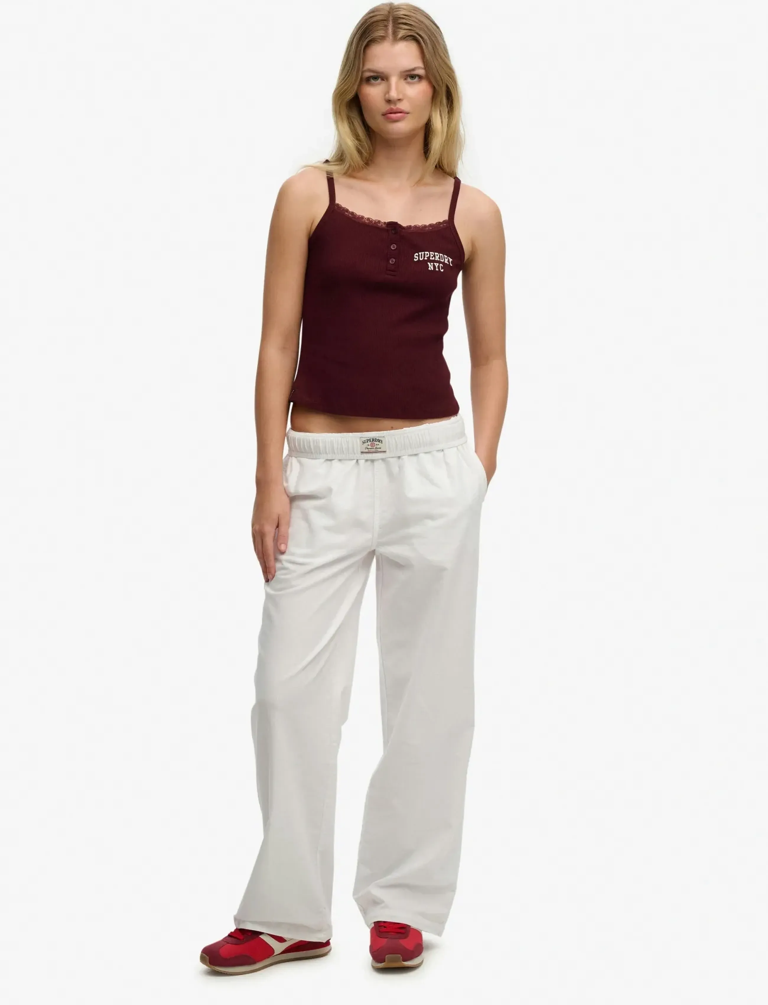 Superdry Cotton Elastic Trouser, 10, Trousers, Weiß - Wide Leg, Frauen
