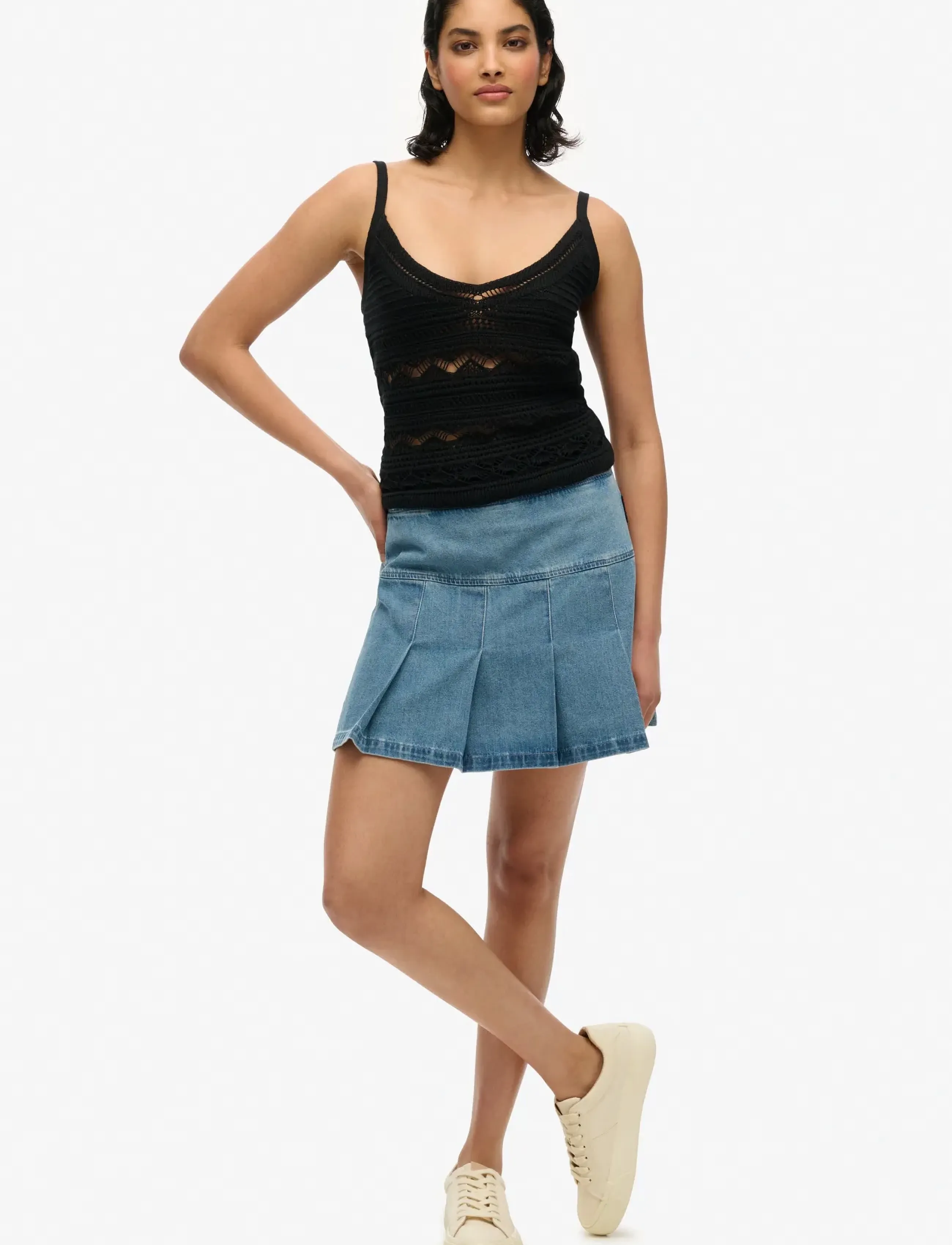 Superdry Pleated Patched Mini Skirt, 38, Blue, Nederdele > Korte Nederdele, Dame