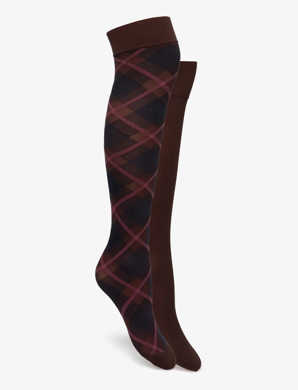 Swedish Stockings - 2-pack Franka Check & Solid Knee Highs - strümpfe - dark brown - 1