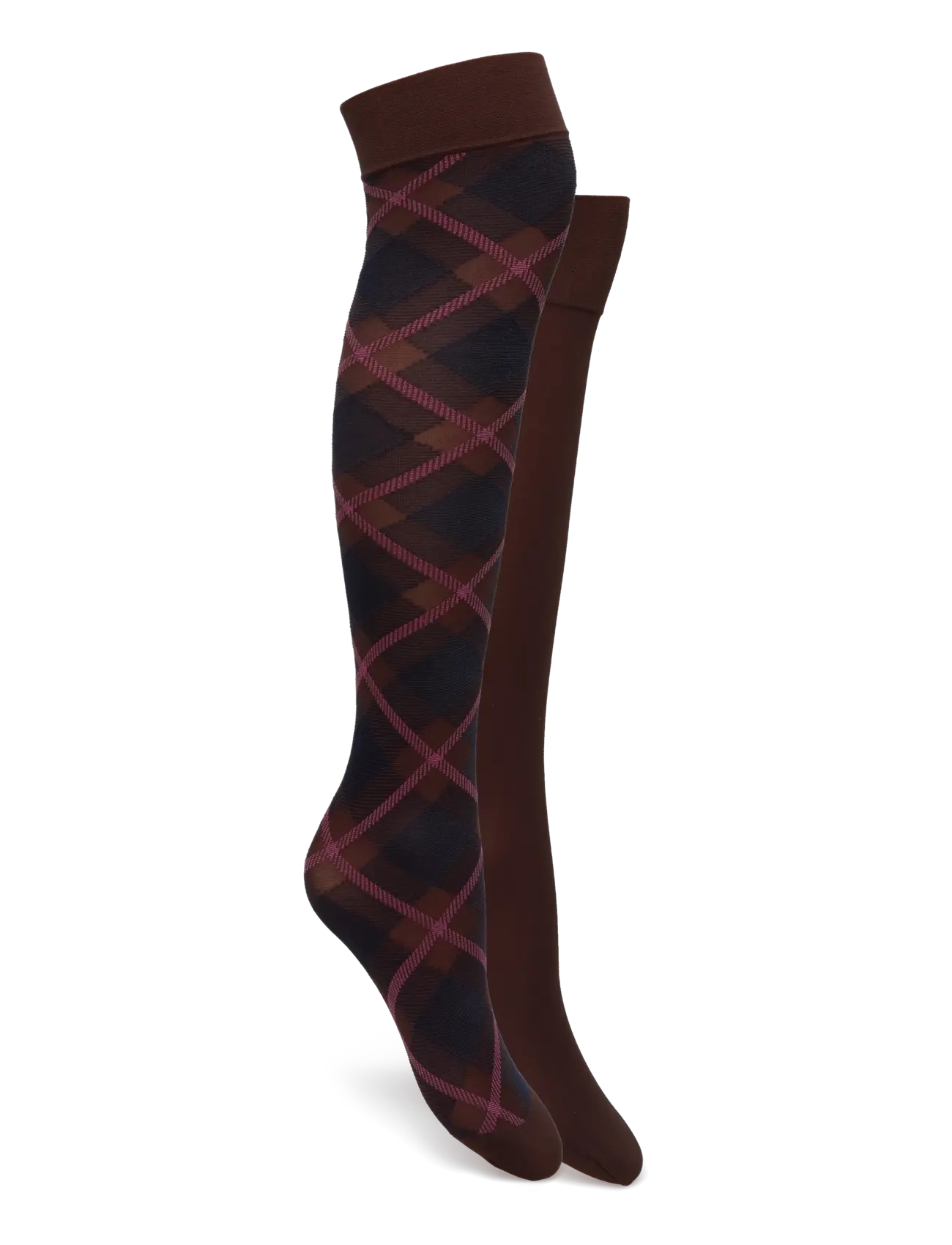 Swedish Stockings 2-pack Franka Check & Solid Knee Highs - Knæstrømper - DARK BROWN / brown