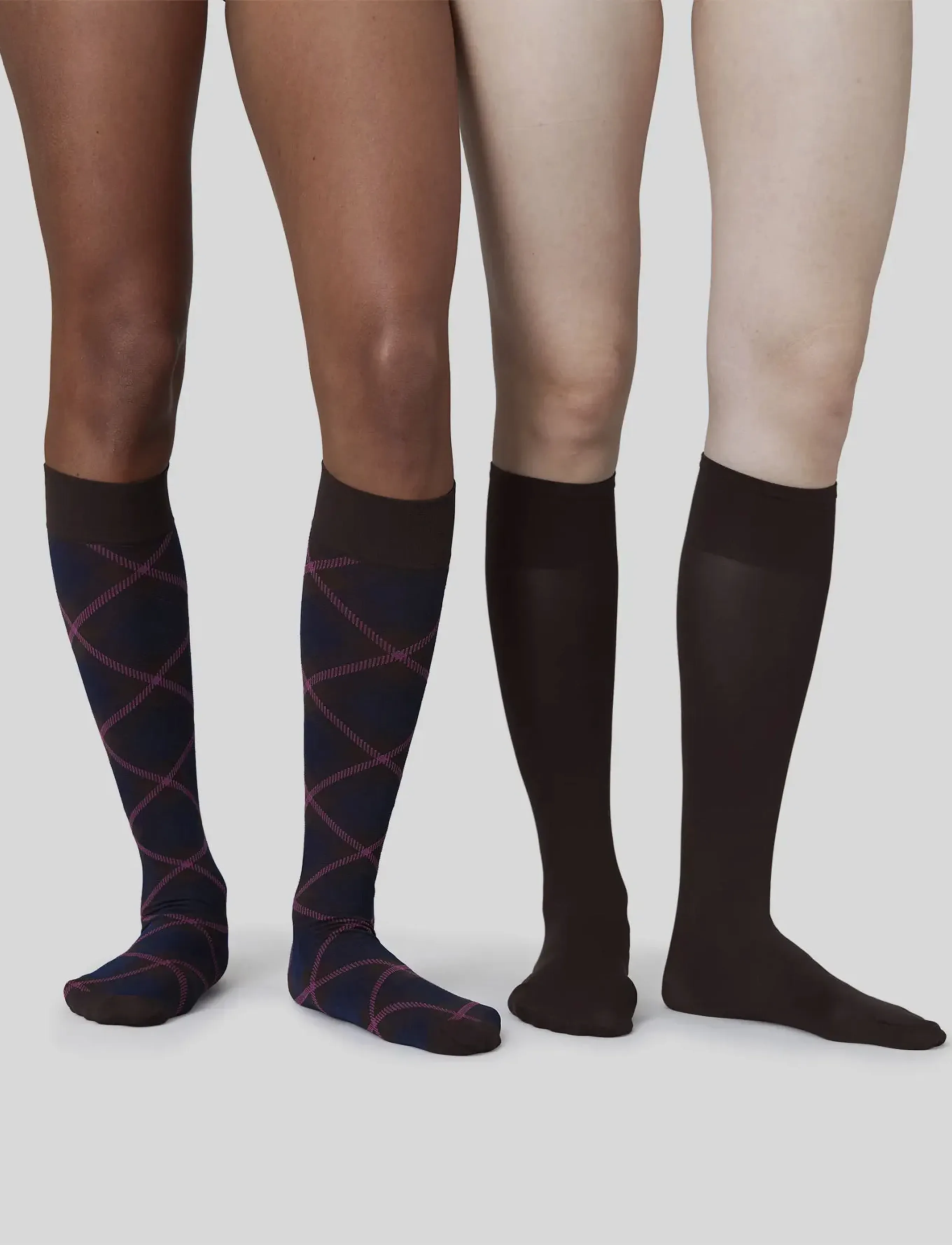 Swedish Stockings 2-pack Franka Check & Solid Knee Highs - Swedish Stockings - DARK BROWN / brown