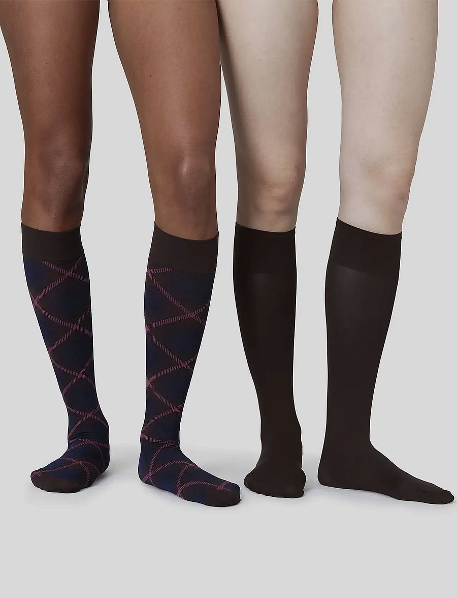 Swedish Stockings - 2-pack Franka Check & Solid Knee Highs - kniestrümpfe - dark brown - 0