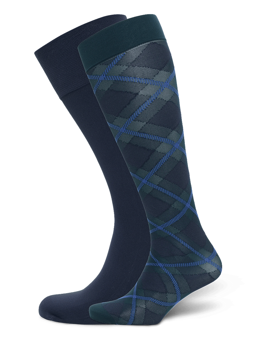 Swedish Stockings - 2-pack Franka Check & Solid Knee Highs - kniekousen - dark green - 0