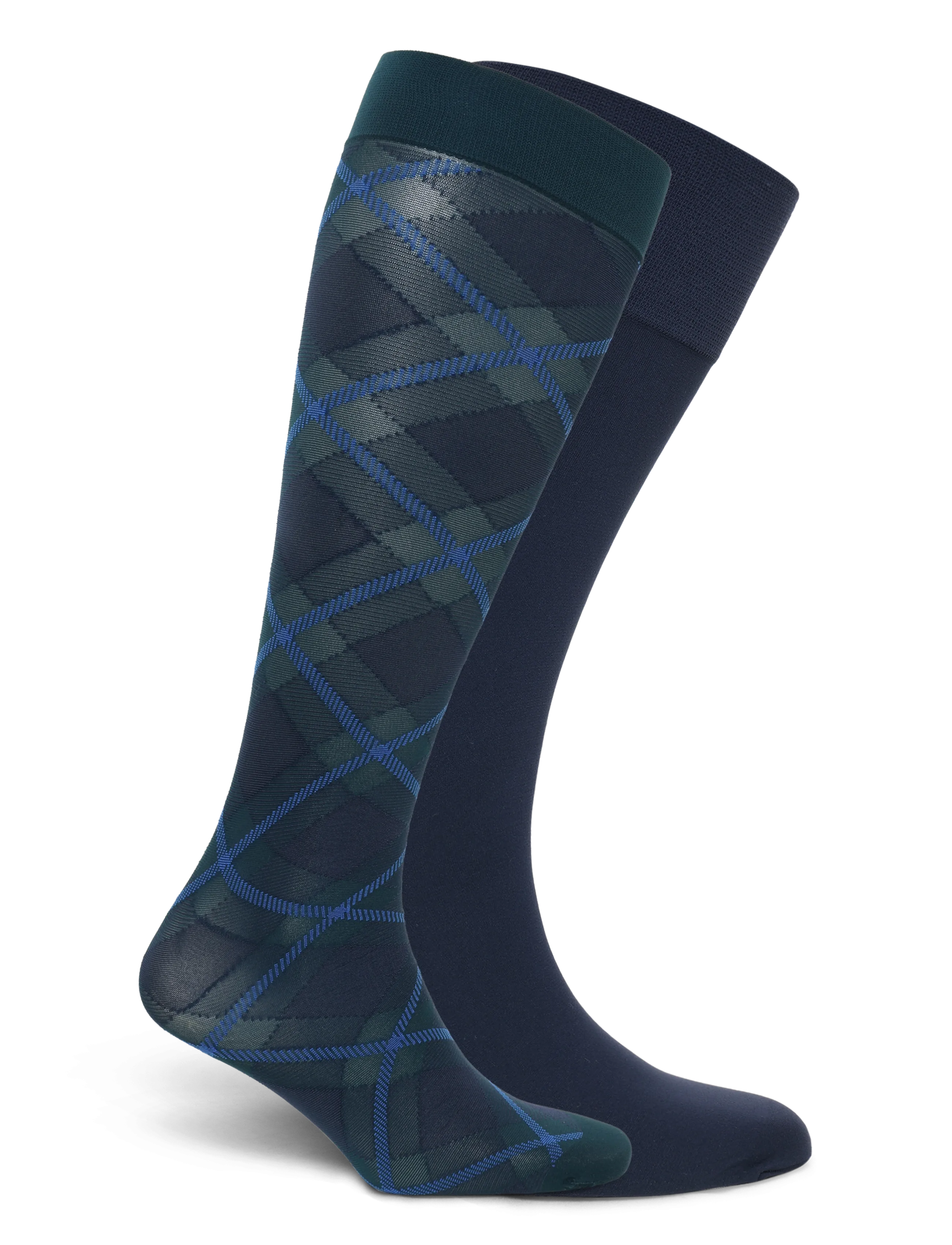 Swedish Stockings - 2-pack Franka Check & Solid Knee Highs - kniekousen - dark green - 1