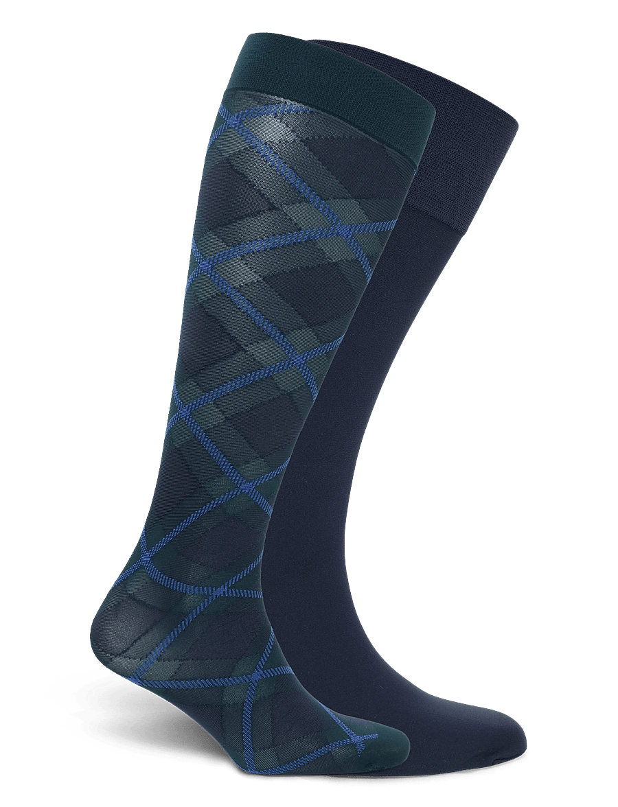 Swedish Stockings - 2-pack Franka Check & Solid Knee Highs - kniekousen - dark green - 1
